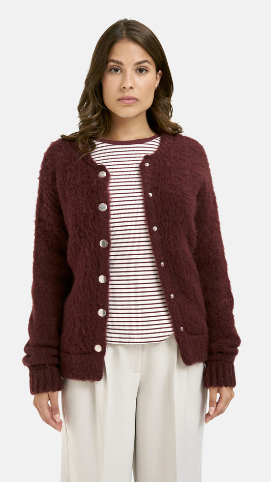 Hairy knit button-up cardigan | Bordeaux | by Smith & Soul
