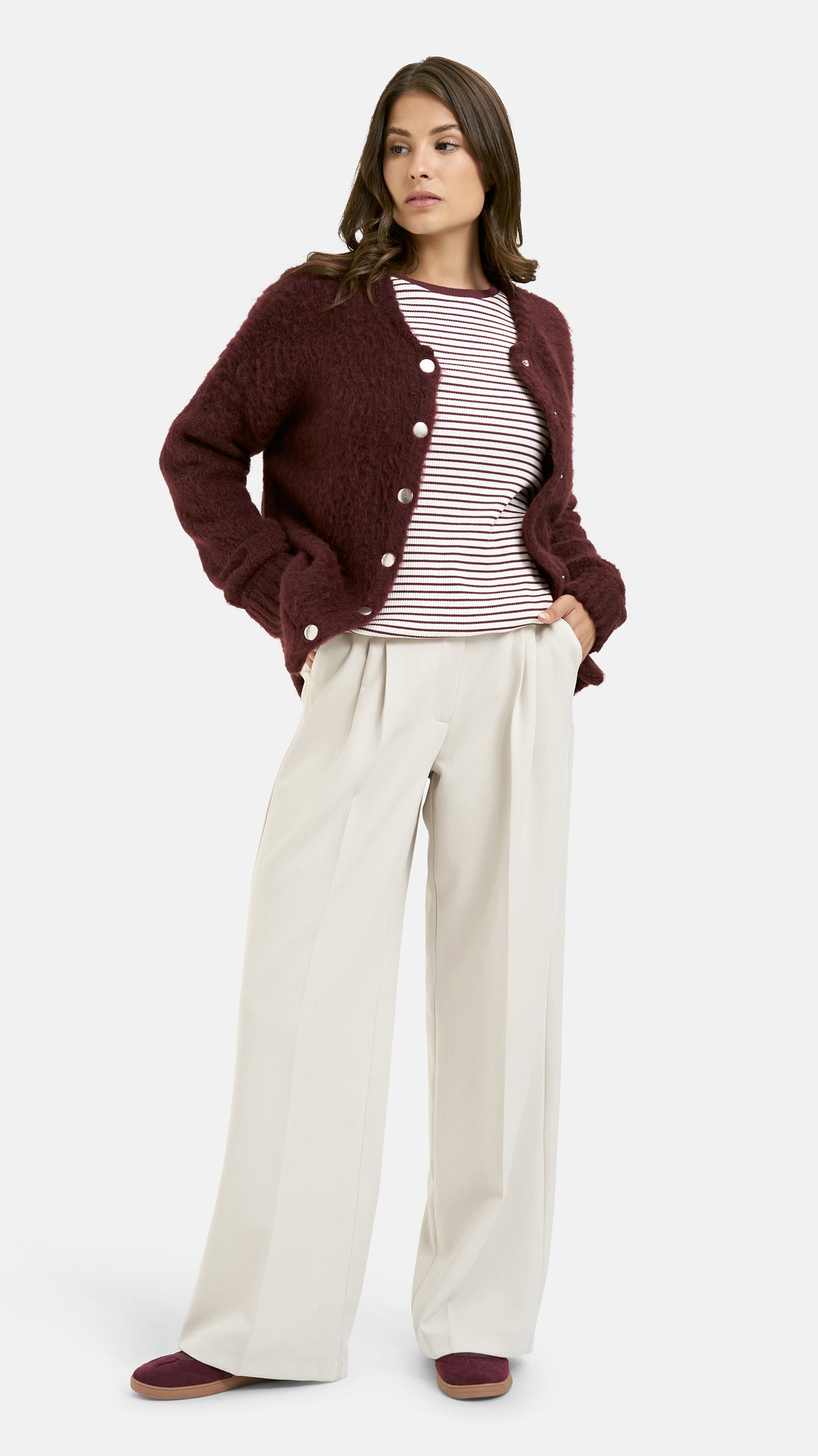 Hairy knit button-up cardigan | Bordeaux | by Smith & Soul