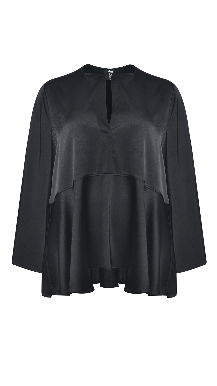 Textured satin button detail bell sleeve blouse by Mat | Black