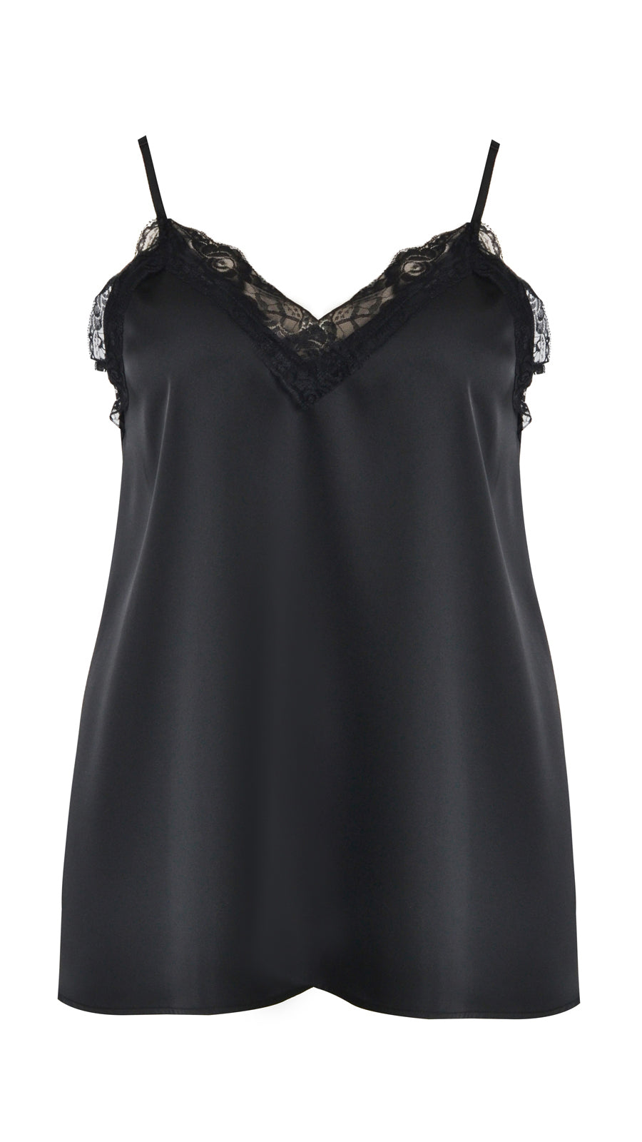 Lace trimmed v-neck satin cami by Mat | Black