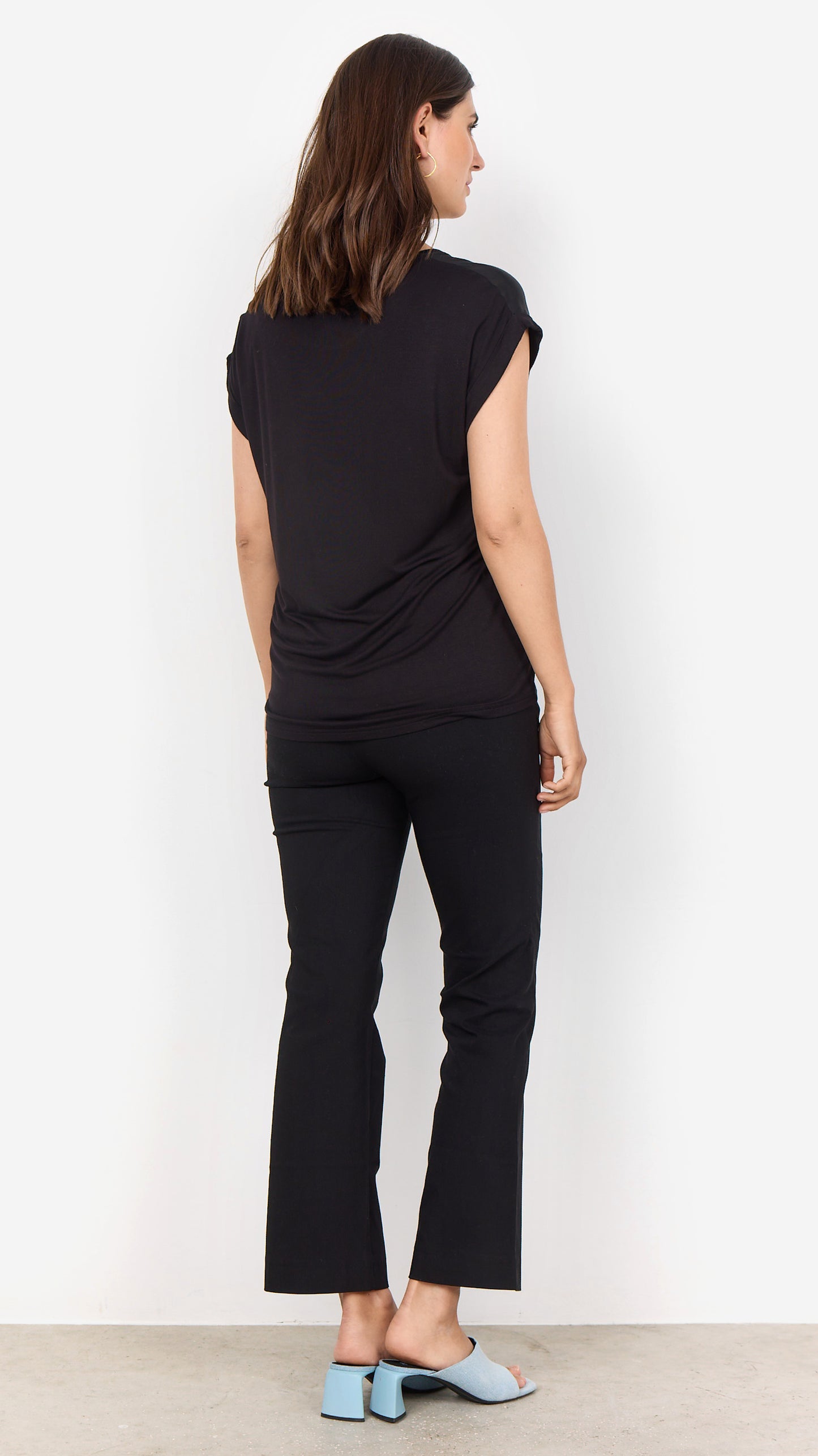 Satin front round neck jersey back top | Black | by Soya Concept
