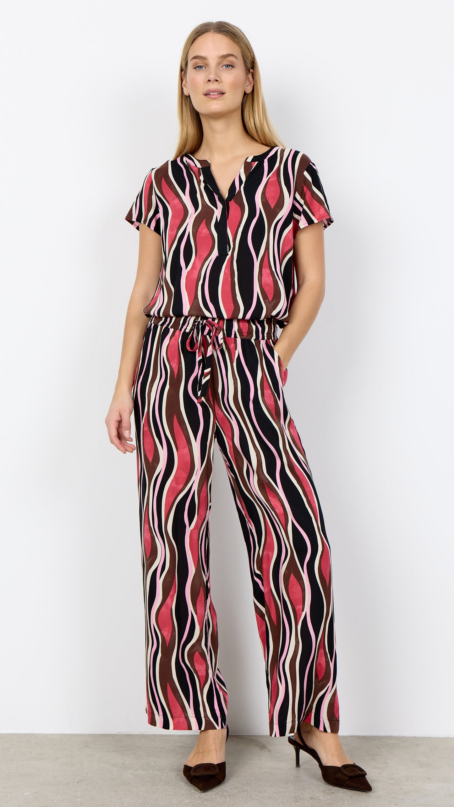 Print pull-on wide-leg trousers | Pink | by Soya Concept