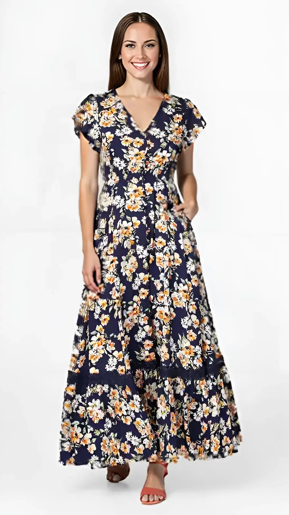 Button-through v-neck frill-sleeve floral maxi dress | Navy Multi