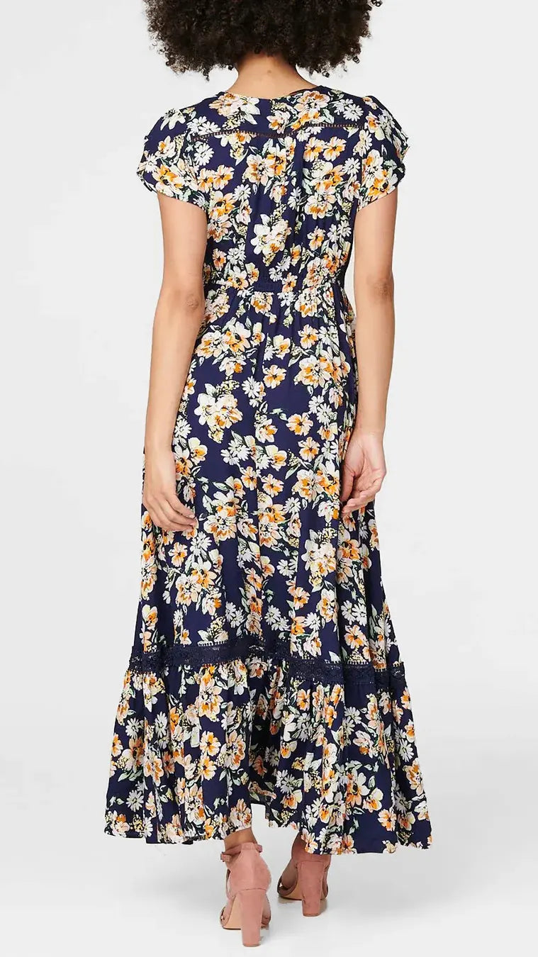 Button-through v-neck frill-sleeve floral maxi dress | Navy Multi