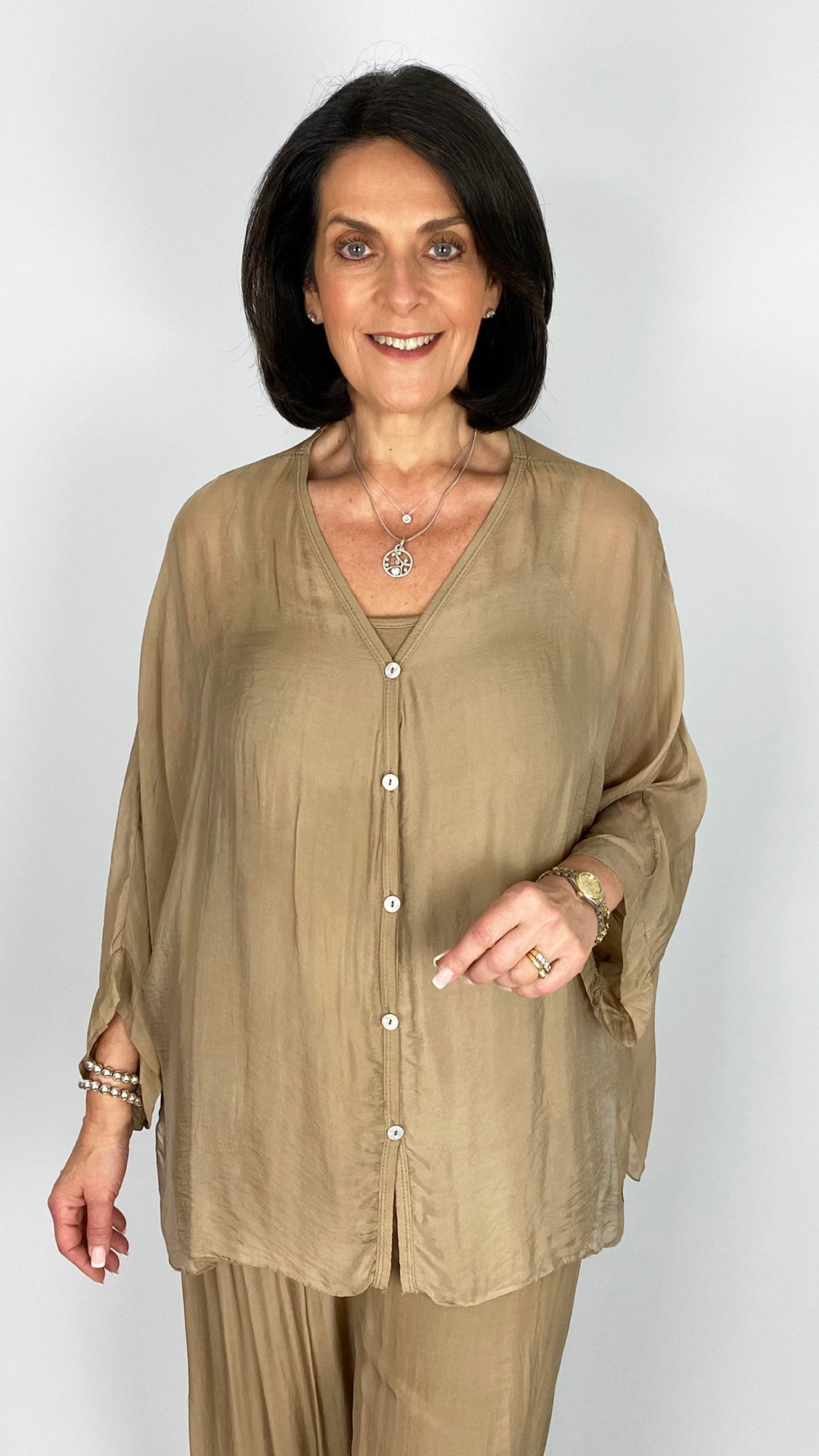 Silk button-front shirt & cami set | 3 Colours