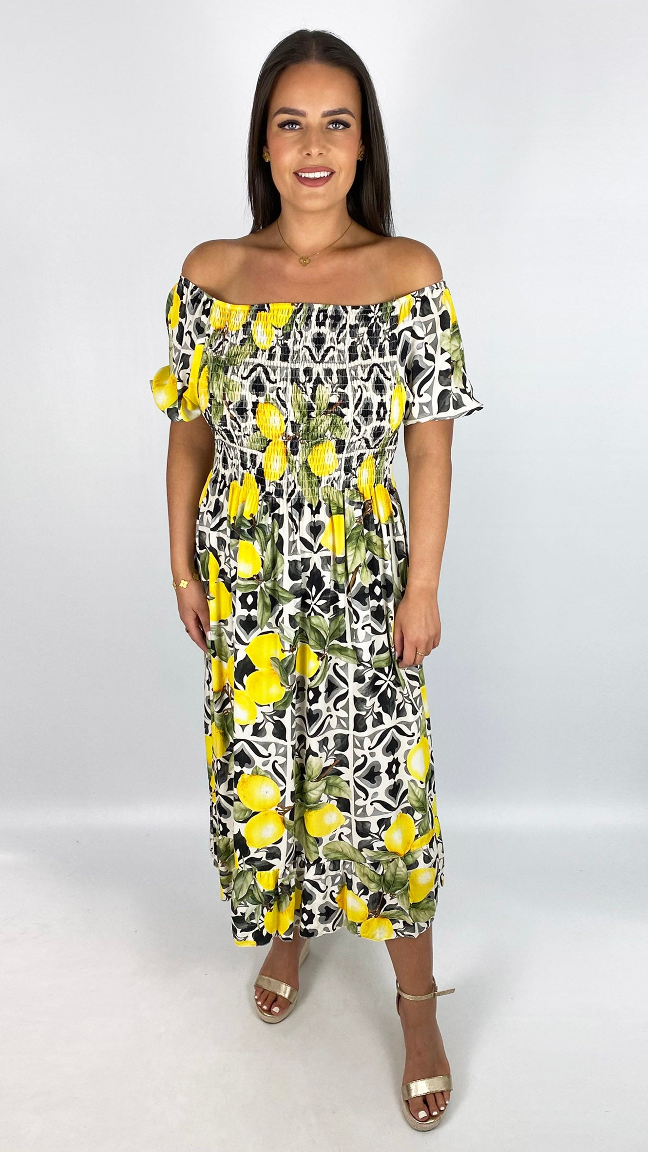 Sicilian print on/off-the-shoulder dress | 2 Colours