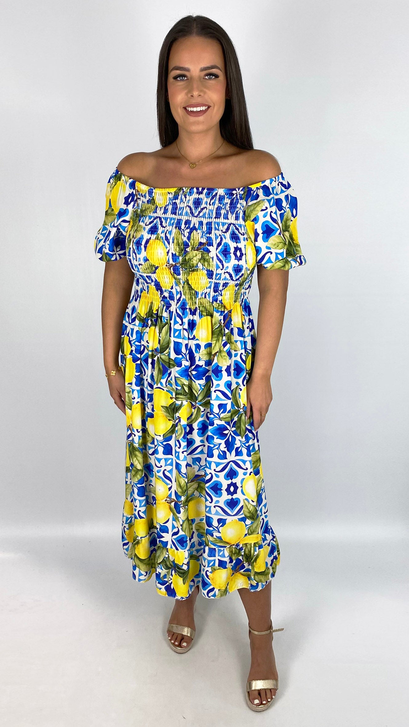 Sicilian print on/off-the-shoulder dress | 2 Colours