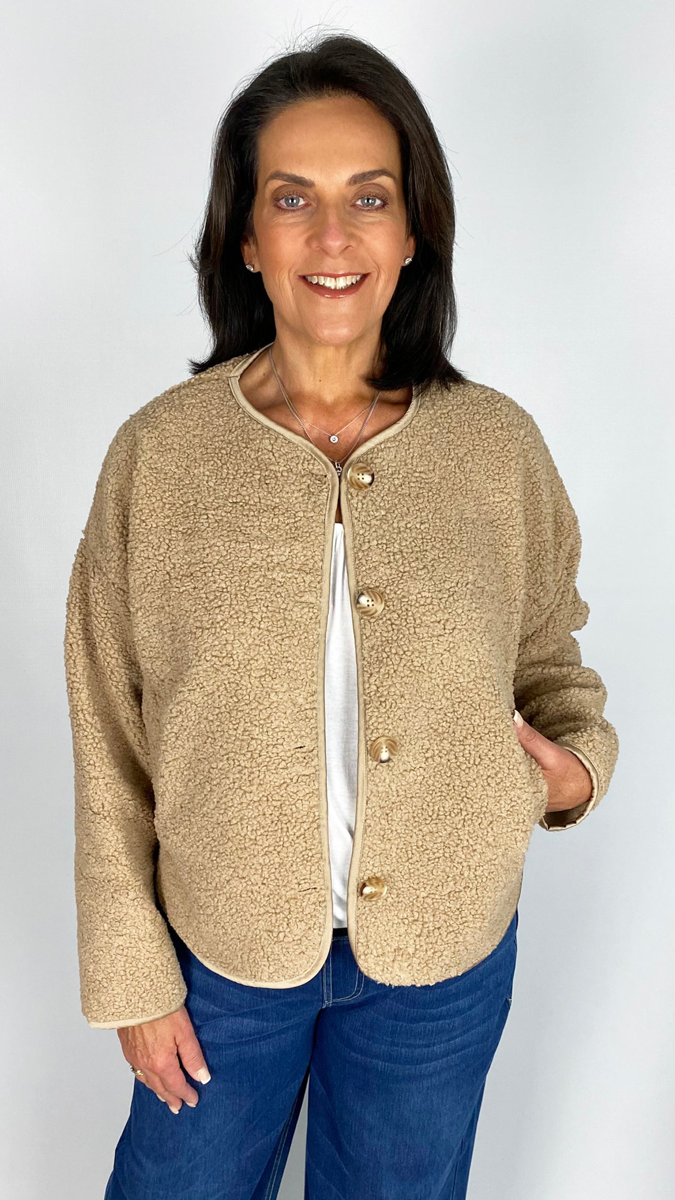 Boucle button-through satin trim collarless jacket | 4 Colours | last 1