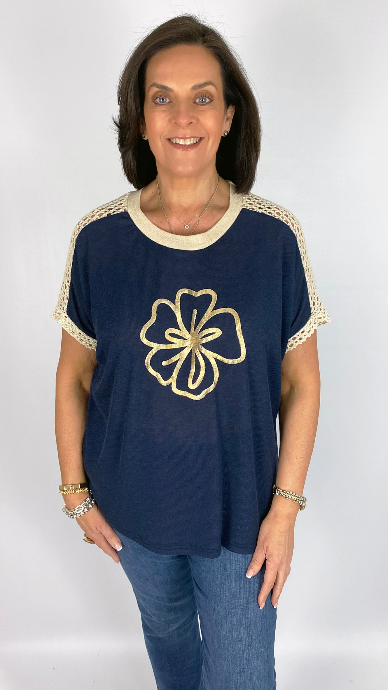 Crochet & gold flower linen-mix short-sleeve top | 2 Colours