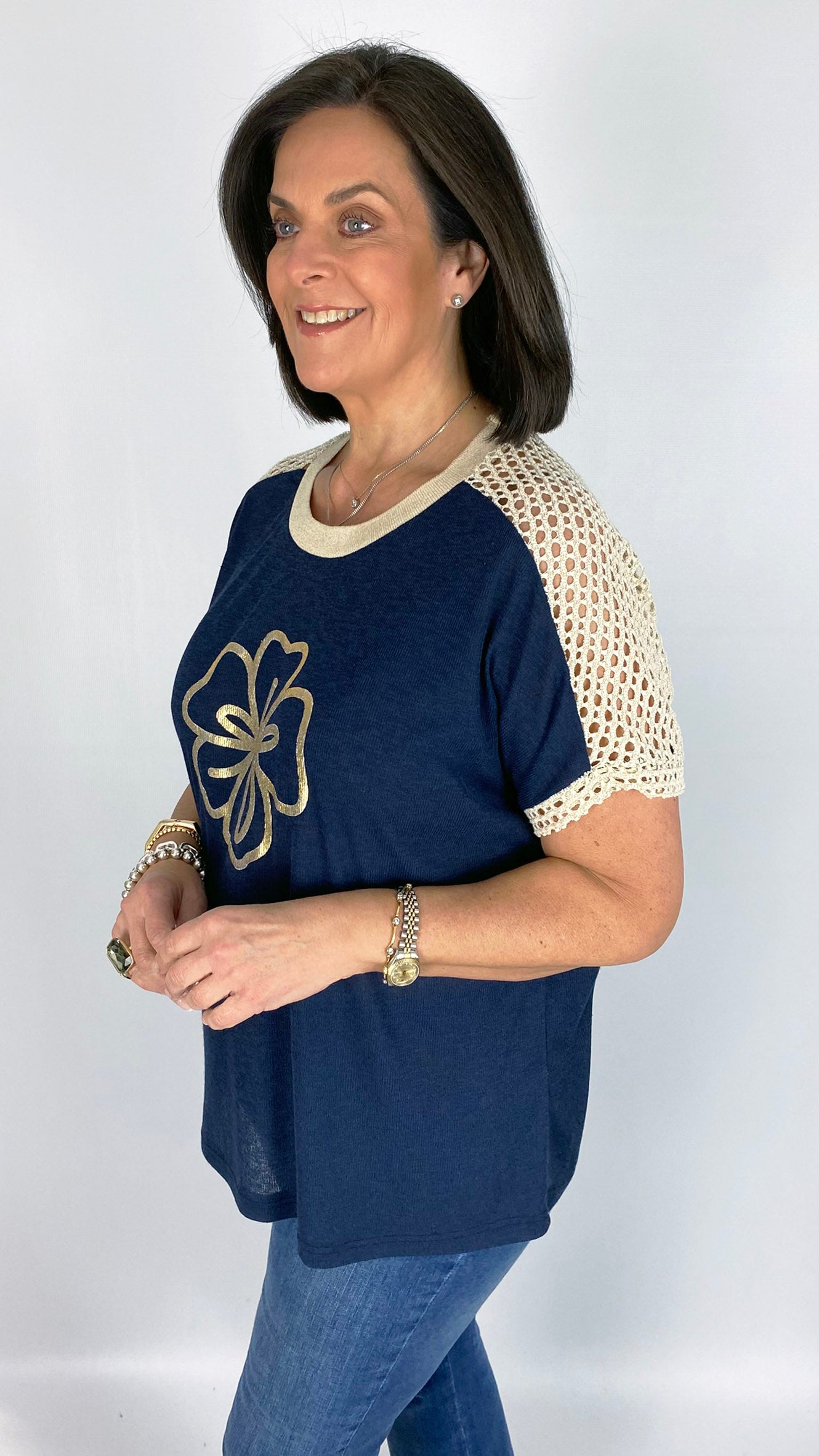 Crochet & gold flower linen-mix short-sleeve top | 2 Colours
