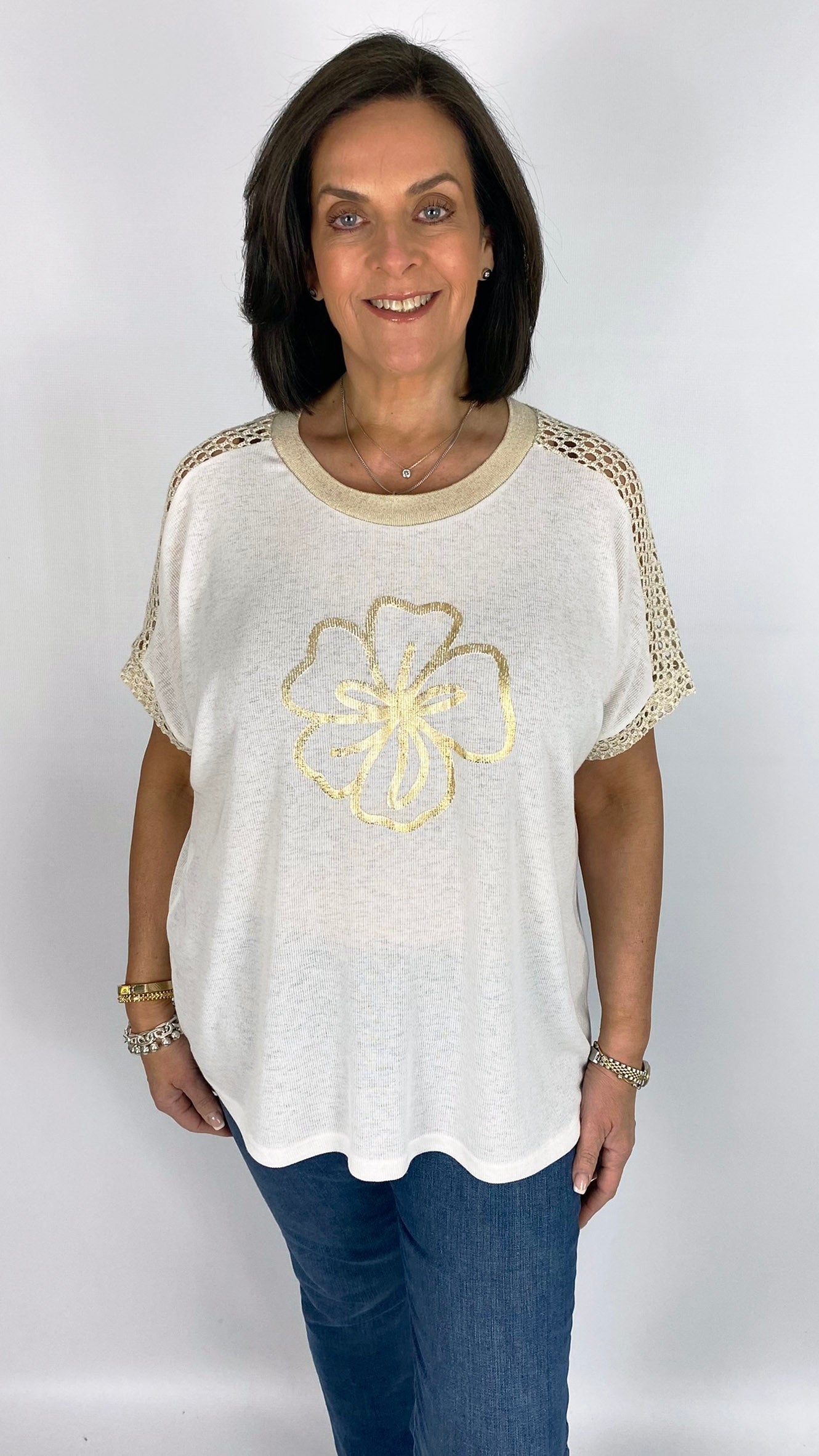 Crochet & gold flower linen-mix short-sleeve top | 2 Colours