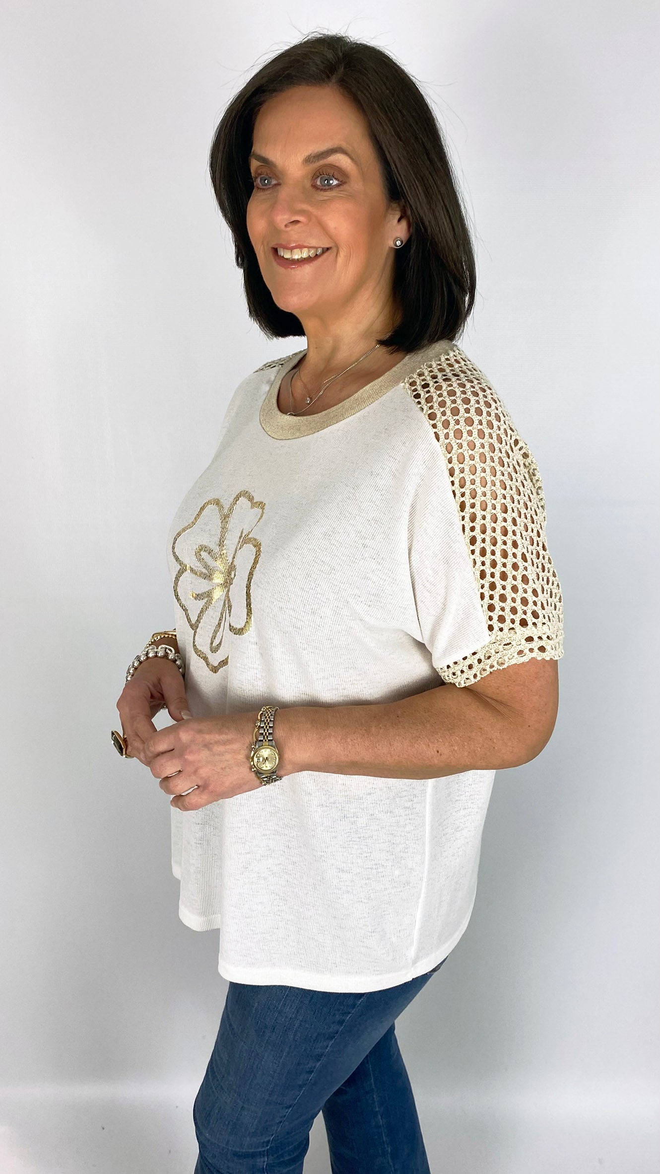 Crochet & gold flower linen-mix short-sleeve top | 2 Colours