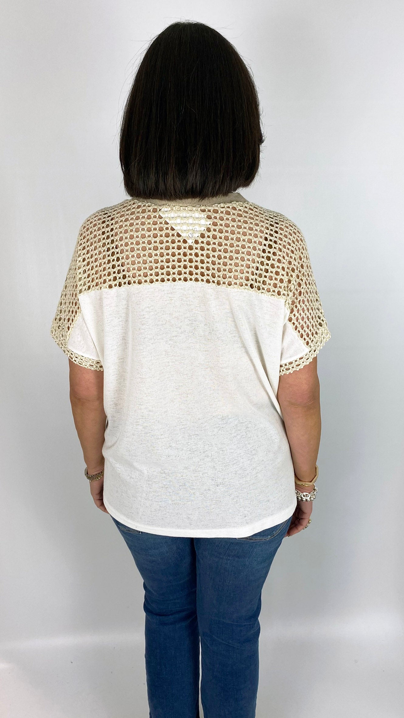 Crochet & gold flower linen-mix short-sleeve top | 2 Colours