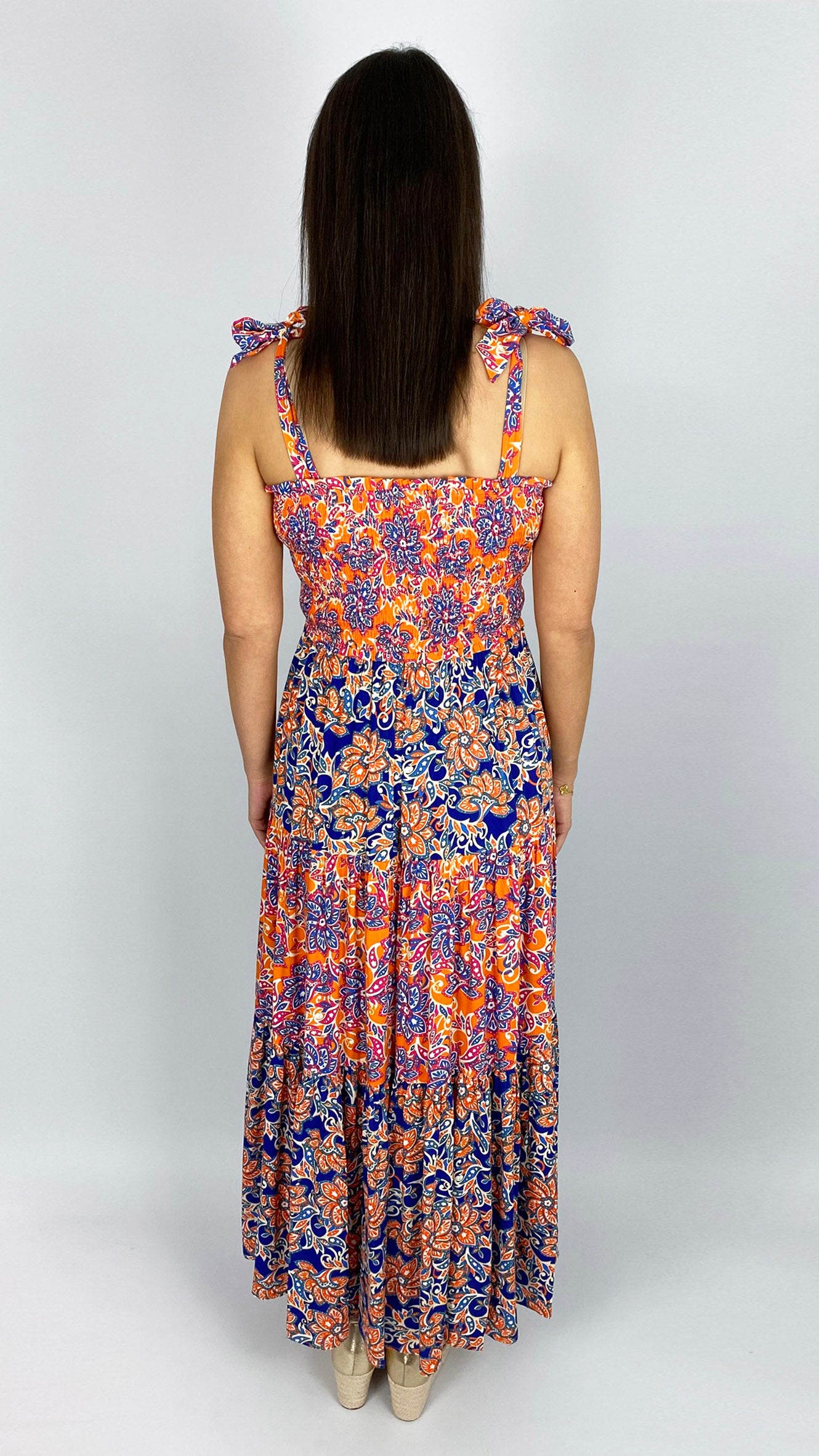 Shirred bust tie-shoulder print maxi dress | Orange/Blue