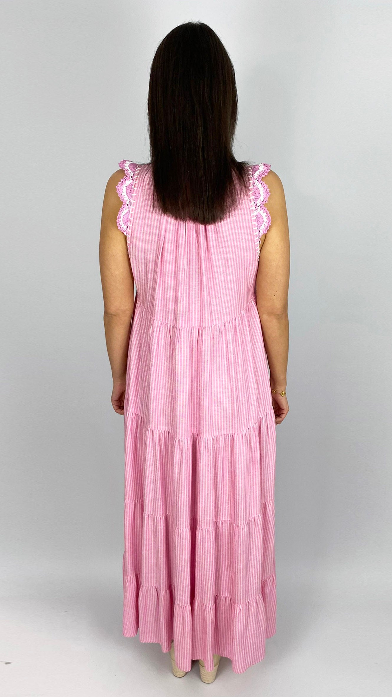 Pinstripe crochet shoulder maxi dress | by Goa | Candy Pink