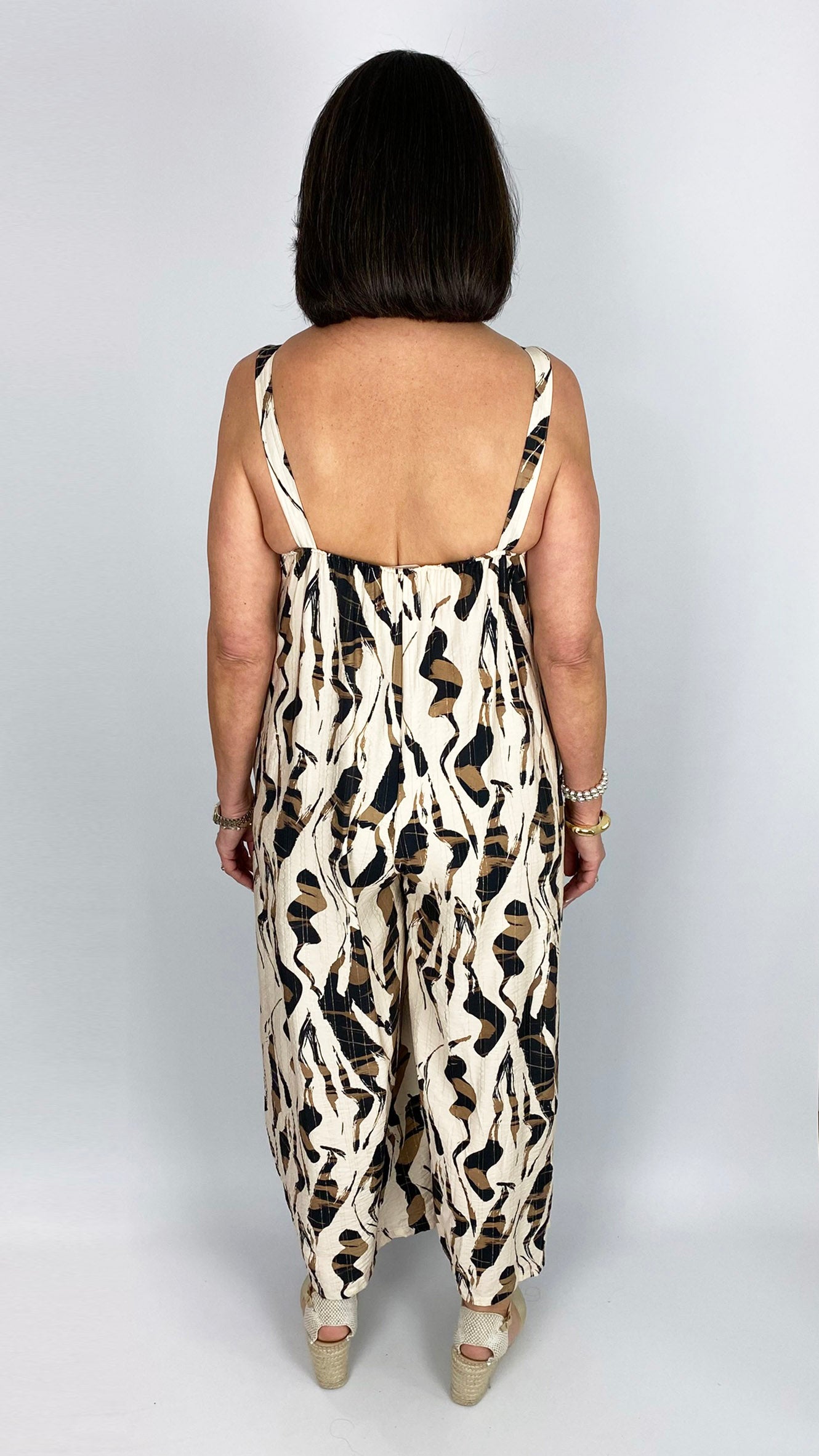 V-neck wide-leg print jumpsuit | Cream/Brown/Black