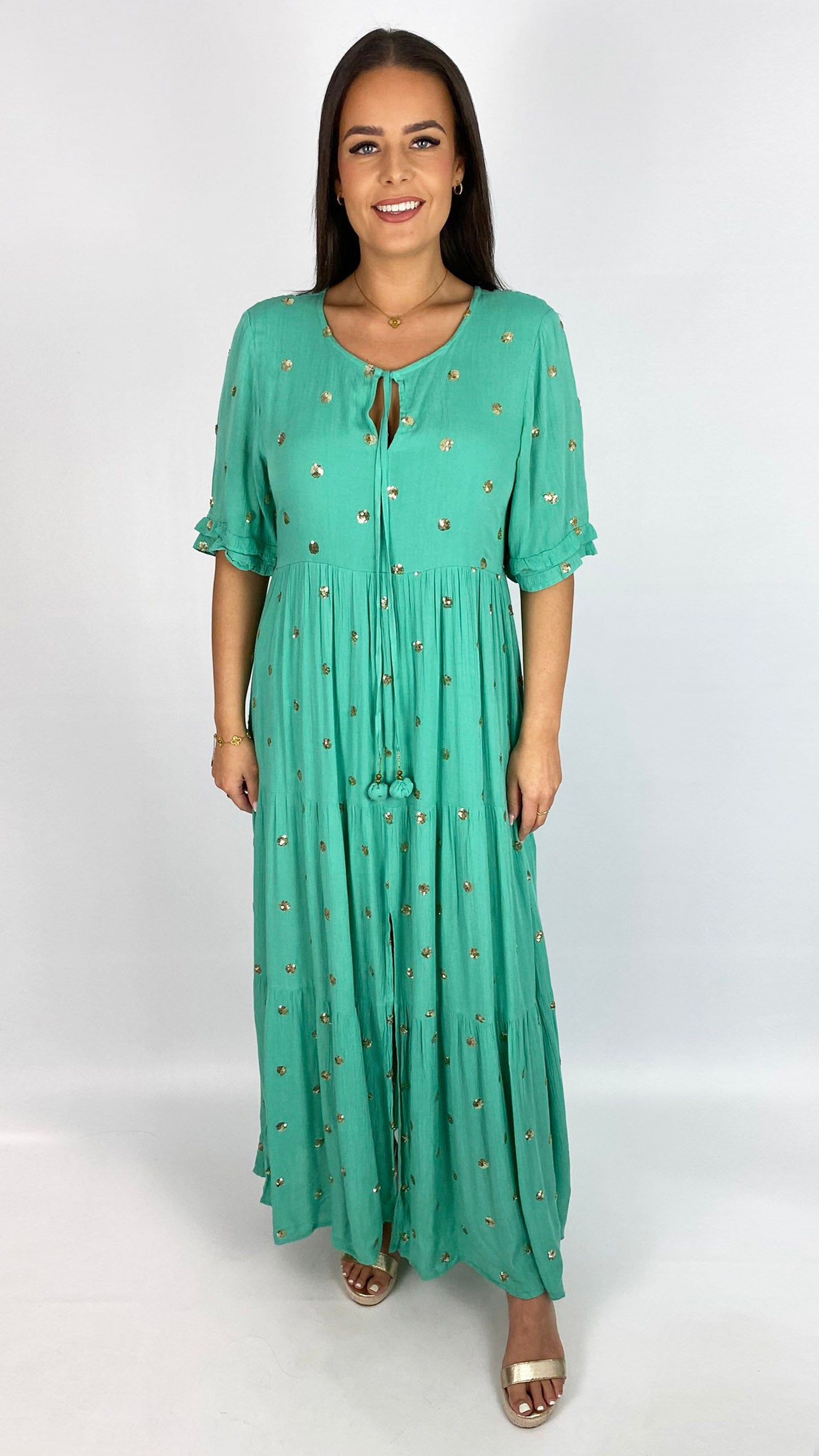 Gold disc embellished tiered tie-or-not dress by Goa | Sea Green