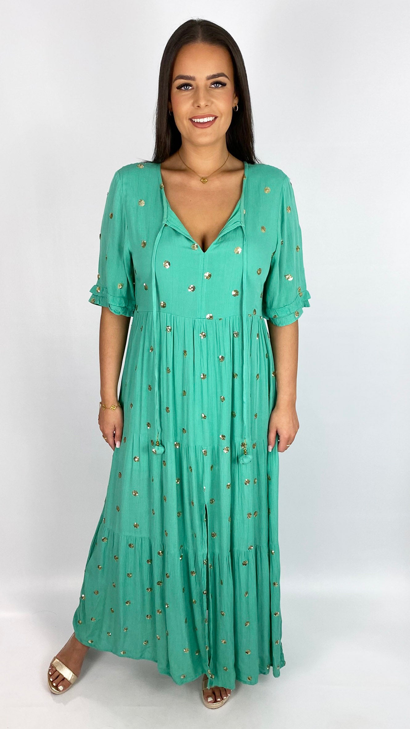 Gold disc embellished tiered tie-or-not dress by Goa | Sea Green