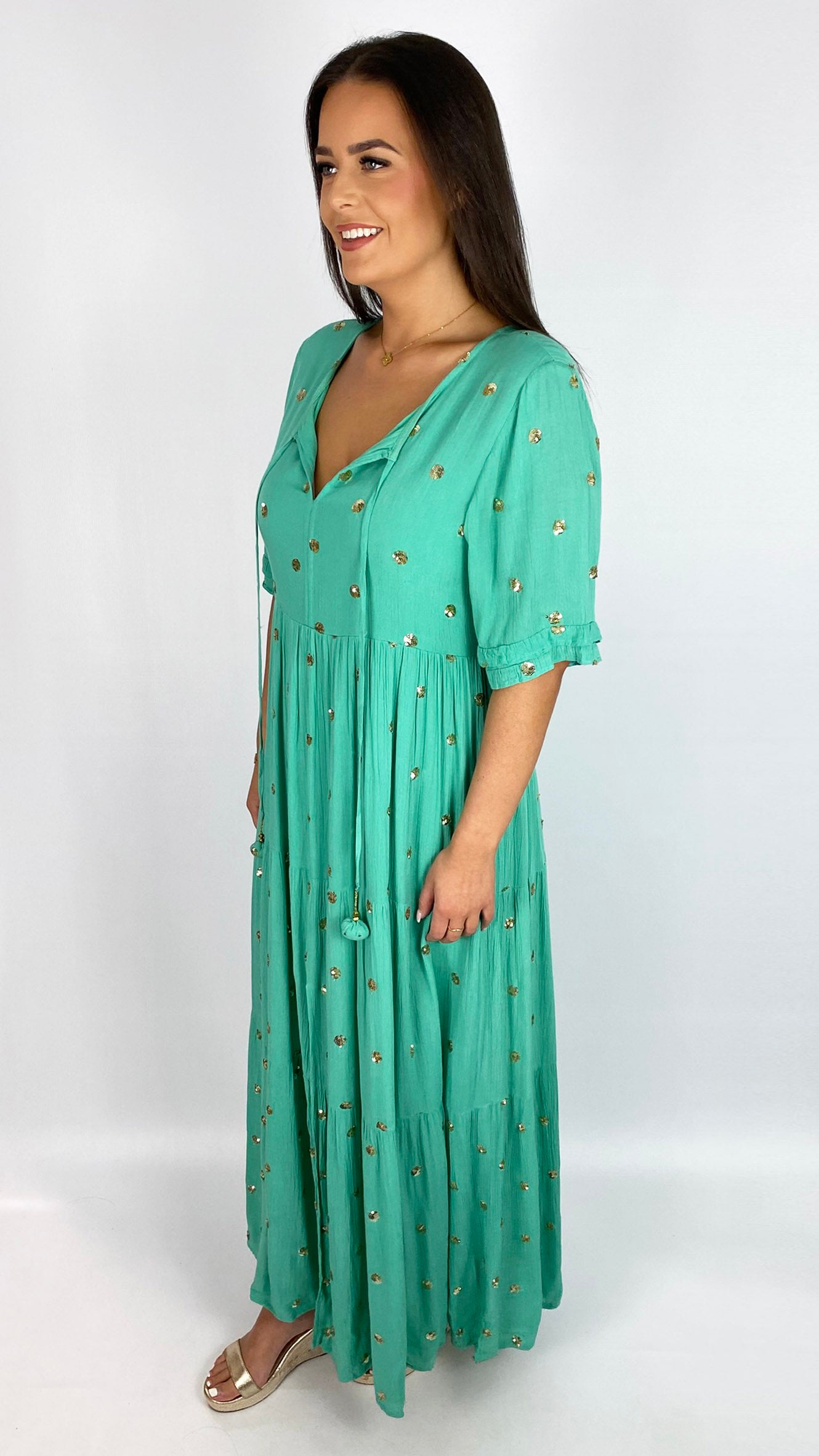Gold disc embellished tiered tie-or-not dress by Goa | Sea Green