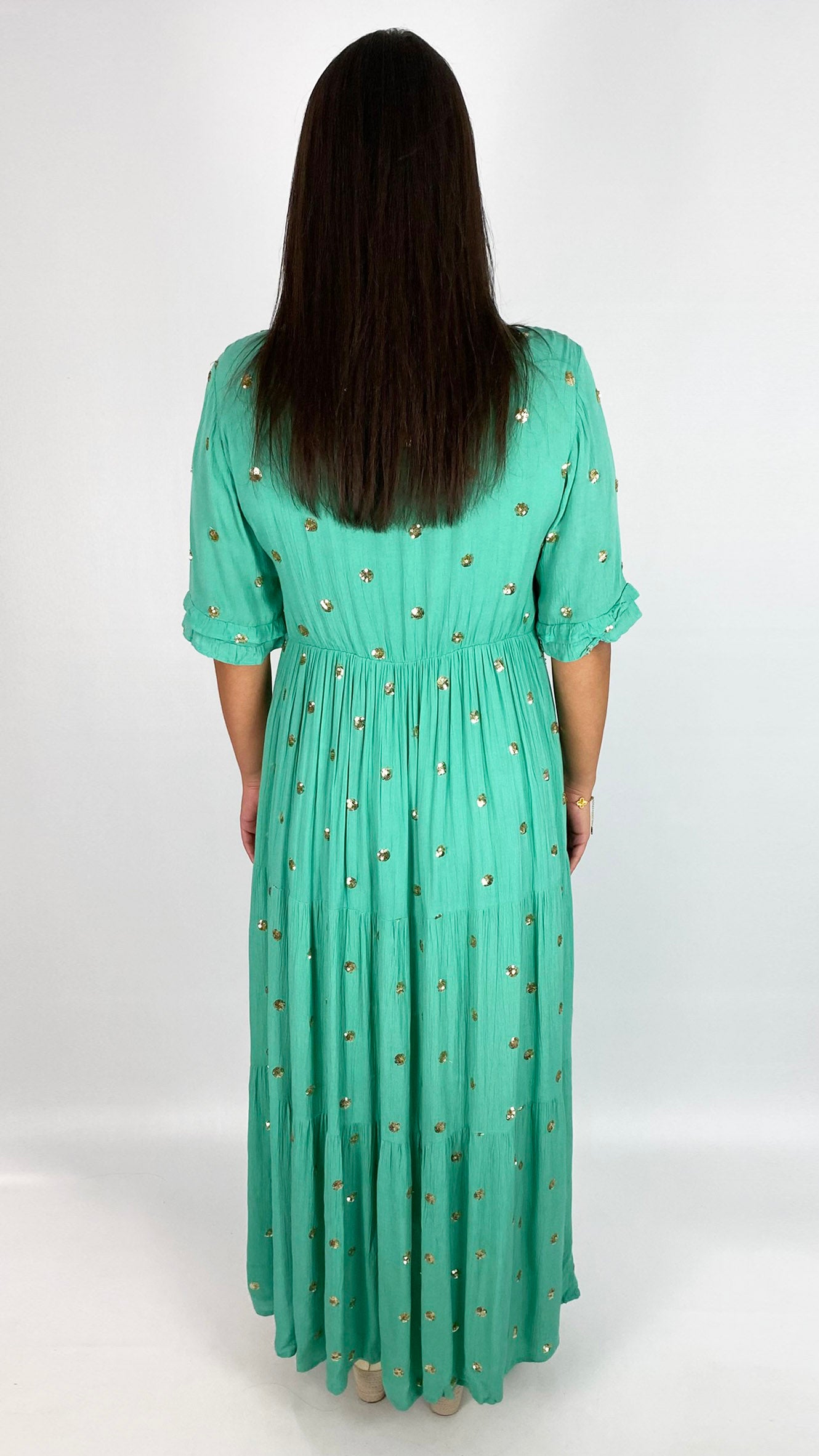 Gold disc embellished tiered tie-or-not dress by Goa | Sea Green