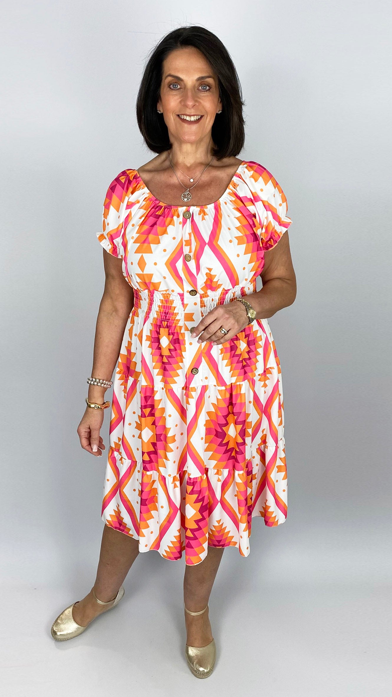 On/off-the-shoulder bright aztec print tiered midi dress | 2 Colours