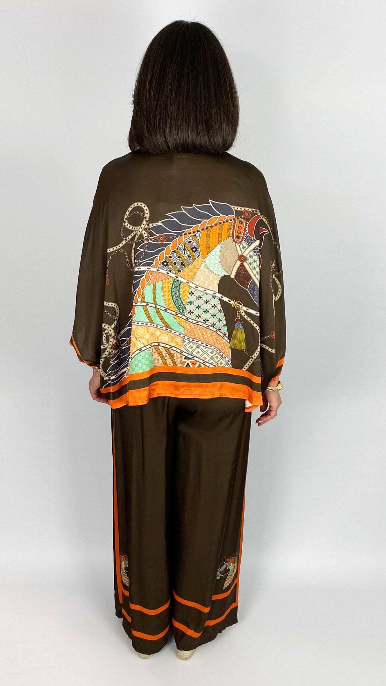 Designer-inspired satin-feel batwing shirt & wide-leg trouser set | Chocolate/Orange