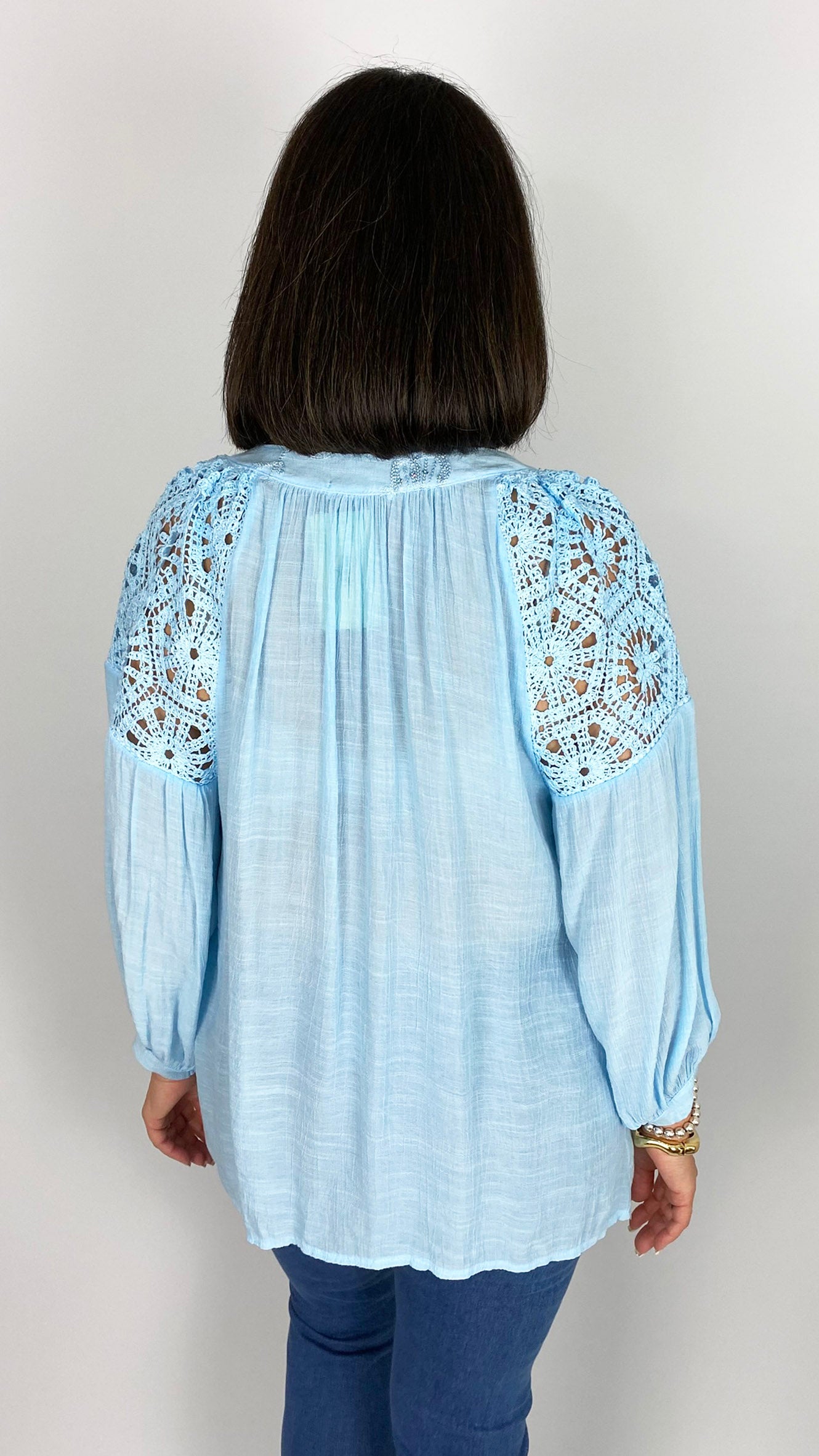 Crochet shoulder embellished v-neck blouse | 3 Colours