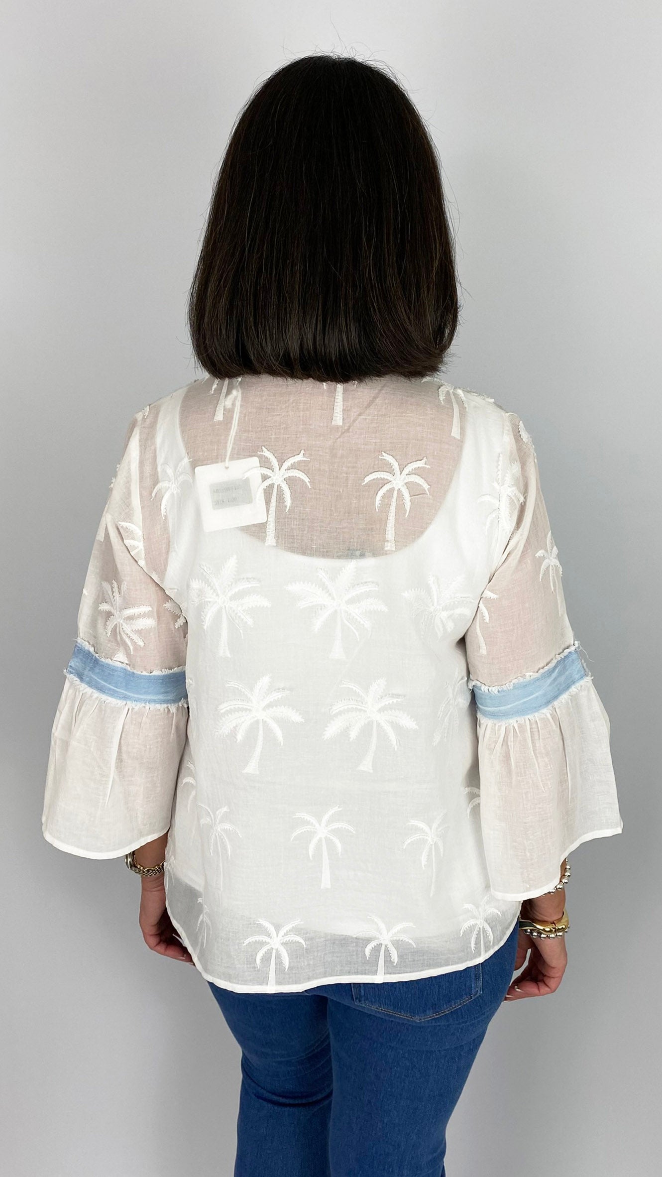 Embroidered palm tree chambray trimmed blouse | White/Light Denim