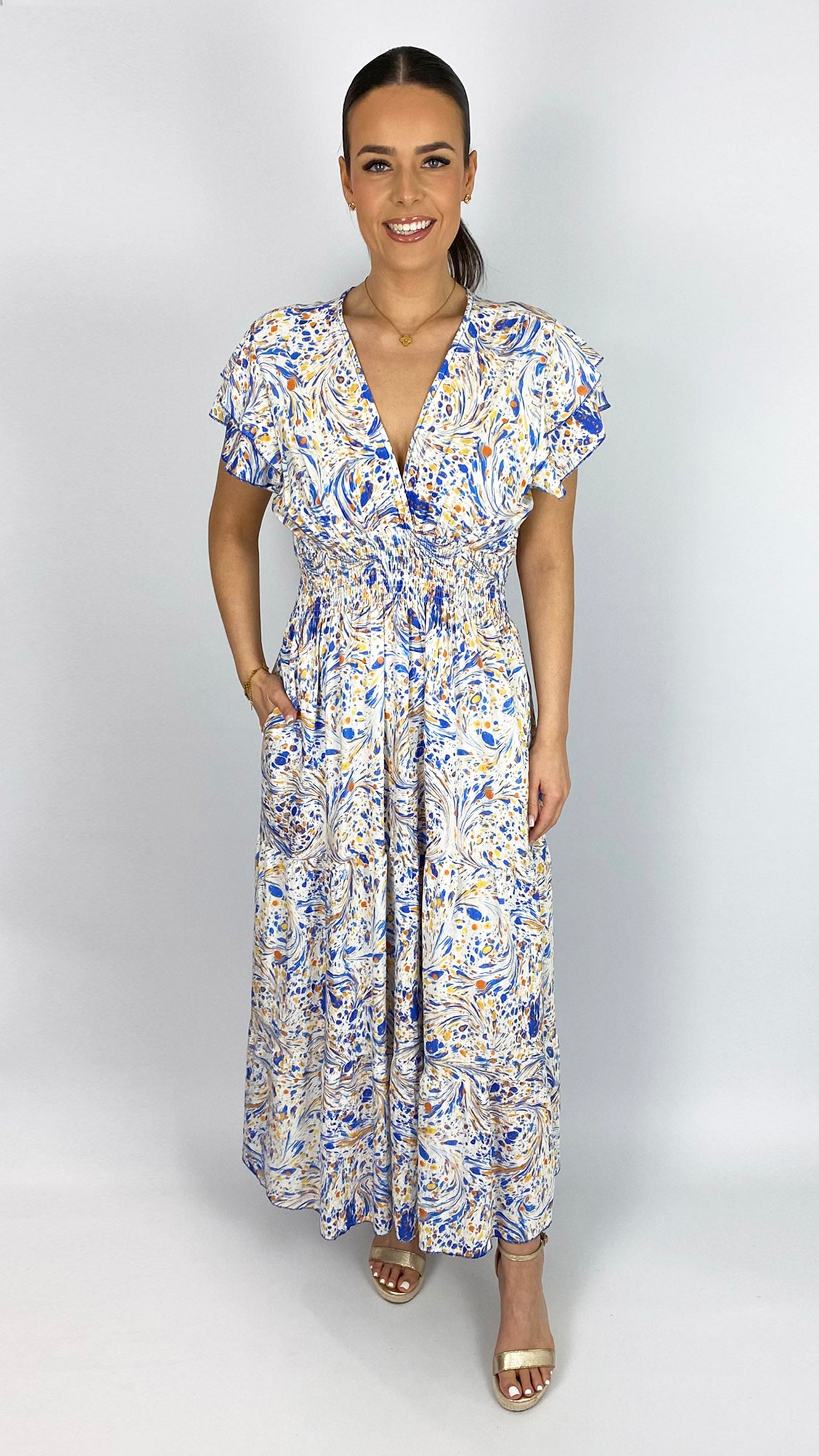 Angel sleeve shirred waist v-neck print maxi dress | 3 Colours