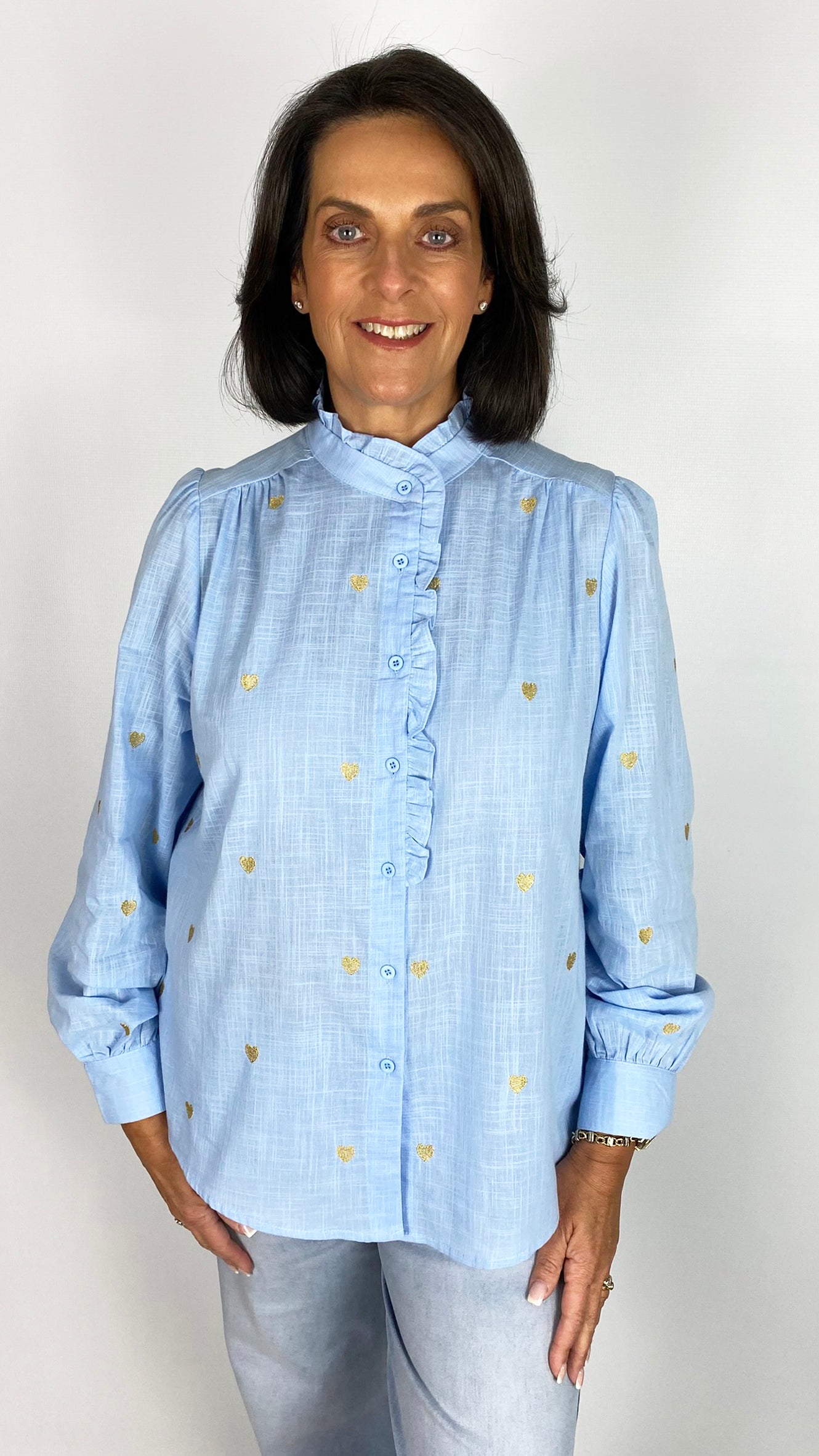 Frill collar multi stitched heart cotton shirt | 2 Colours