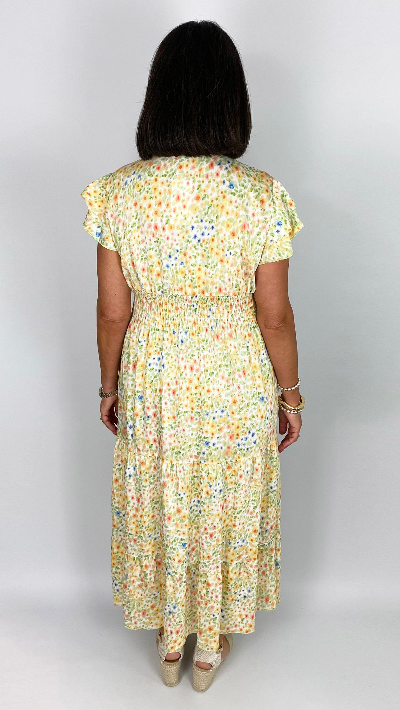 Angel sleeve shirred waist v-neck multi coloured print maxi dress | 3 Colours | last 1