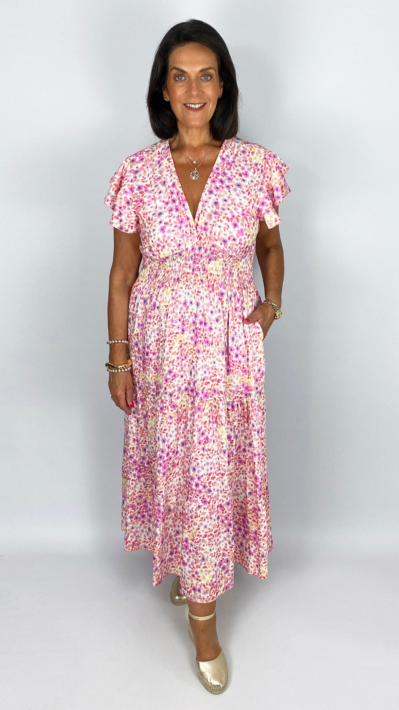pink women's angel flowy dress Blush Coast Sleeve Tiered Bridesmaid Maxi ready glamour Angel Eyes Midi Dress