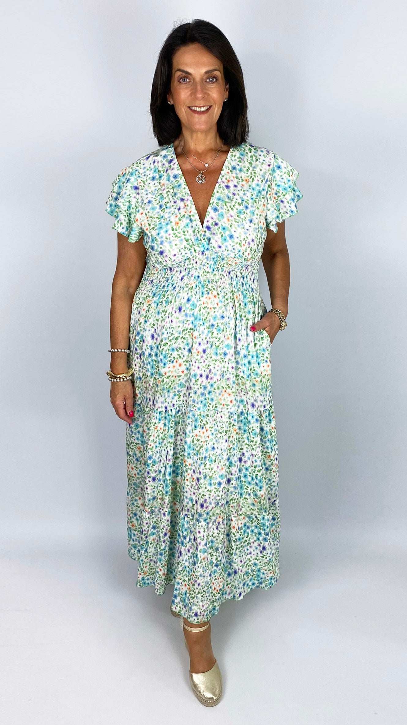 Angel sleeve shirred waist v-neck multi coloured print maxi dress | 3 Colours