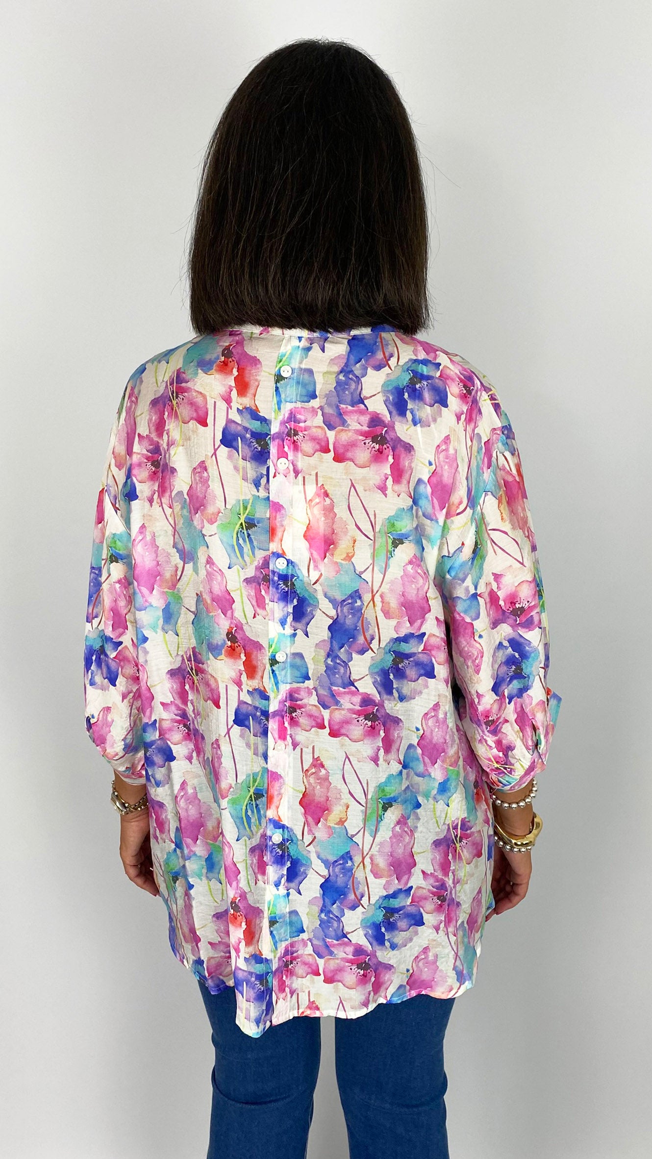 Oversized floral print button-through collarless shirt | Pink/Blue