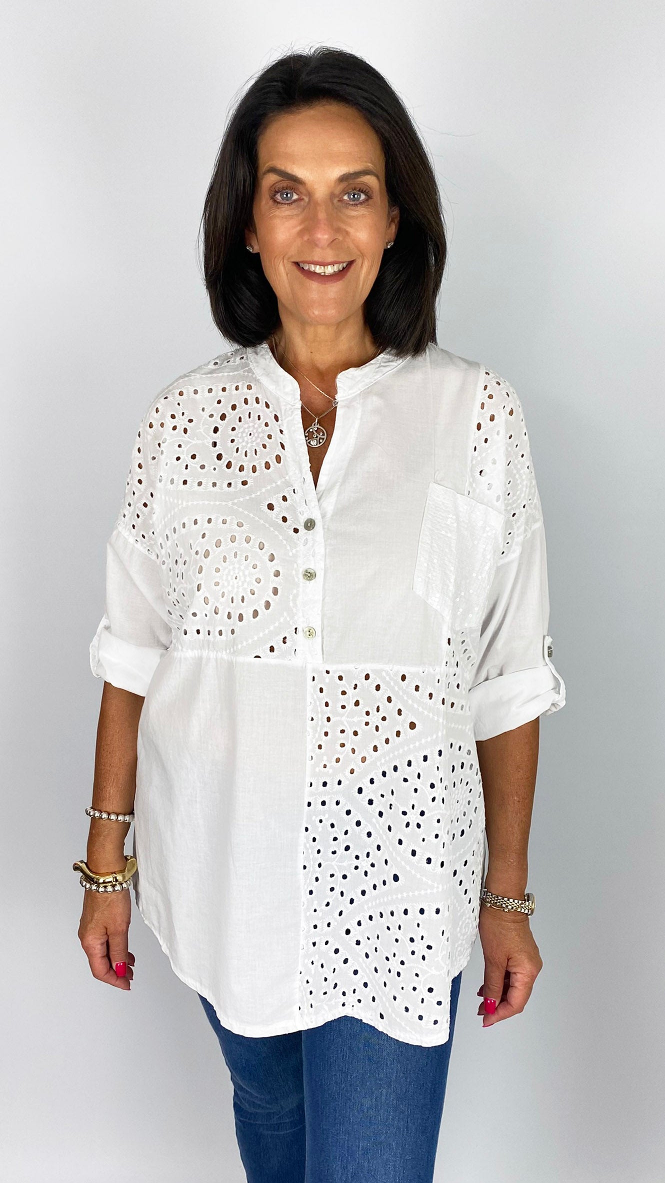 Sequin patch pocket laser-cut cotton blouse | 4 Colours
