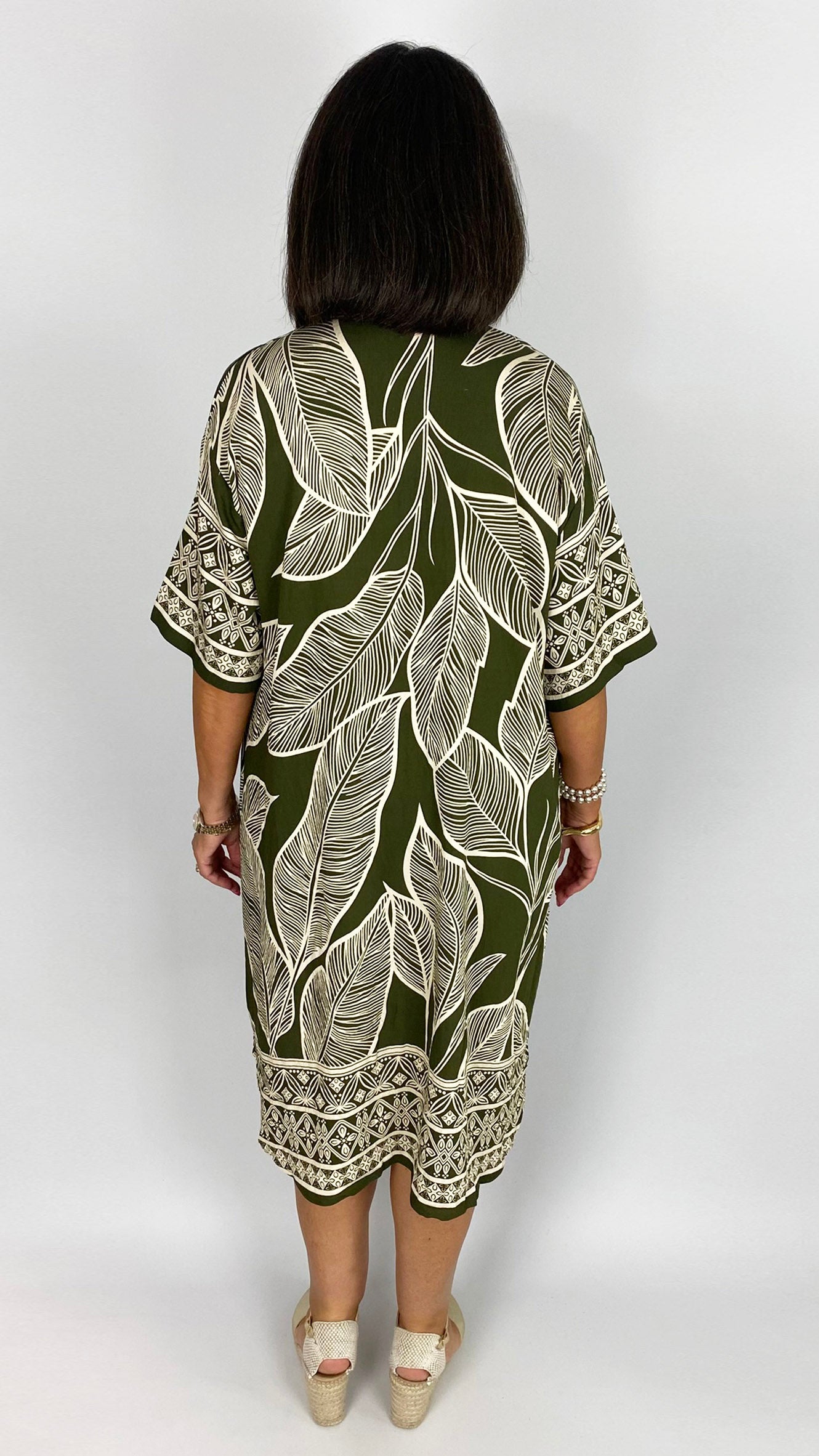 Leaf print collared shirtdress | Khaki/Cream