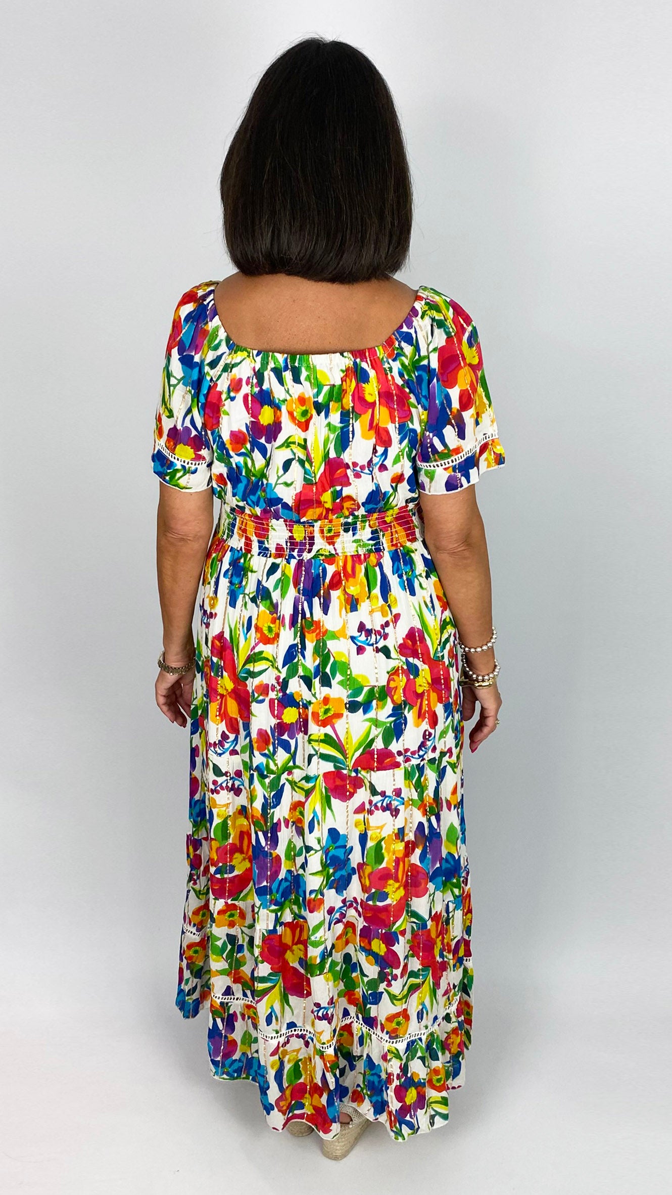 Metallic detail floral tiered maxi dress | White/Multi