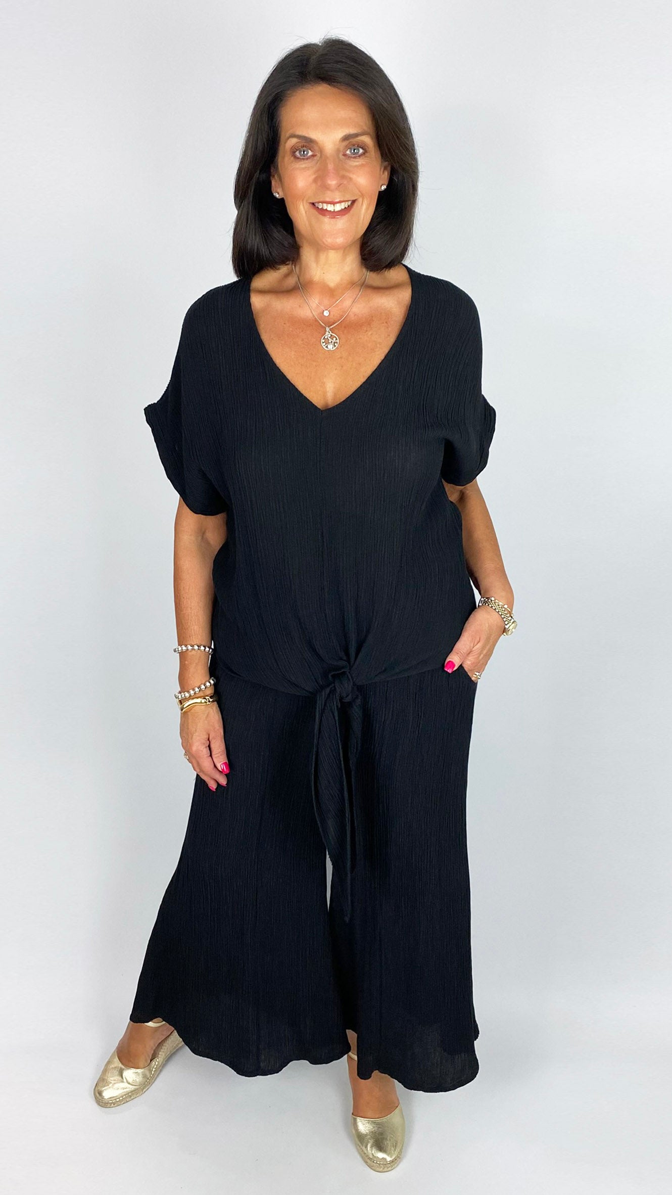 Crinkle tie front top & culotte pant set | 4 Colours