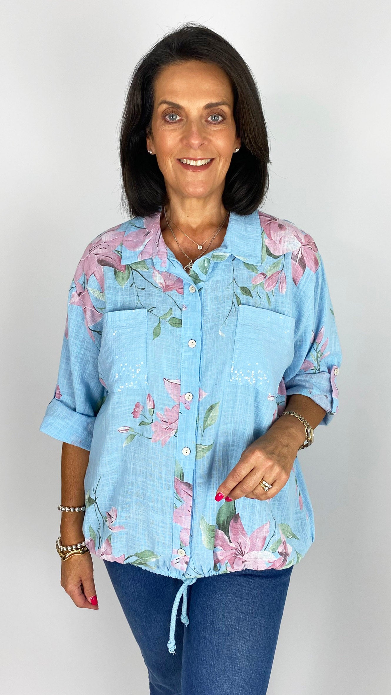 Drawstring hem sequin patch pocket floral shirt | 4 Colours