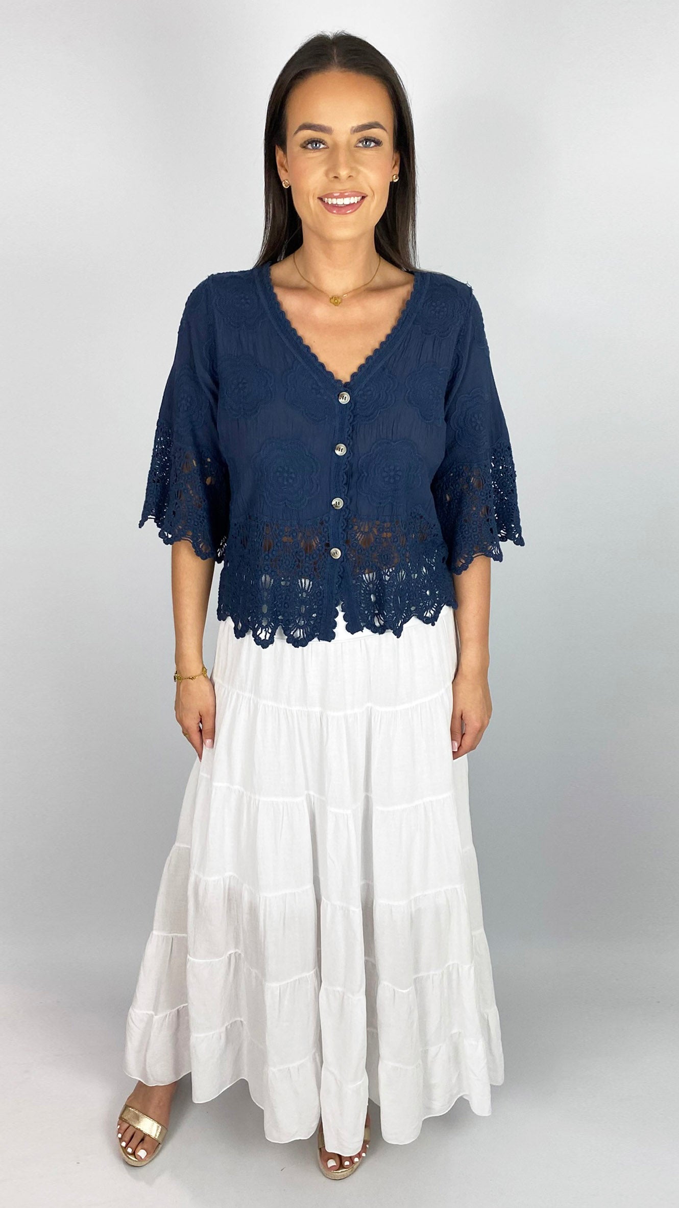 V-neck button-through crochet top | 5 Colours