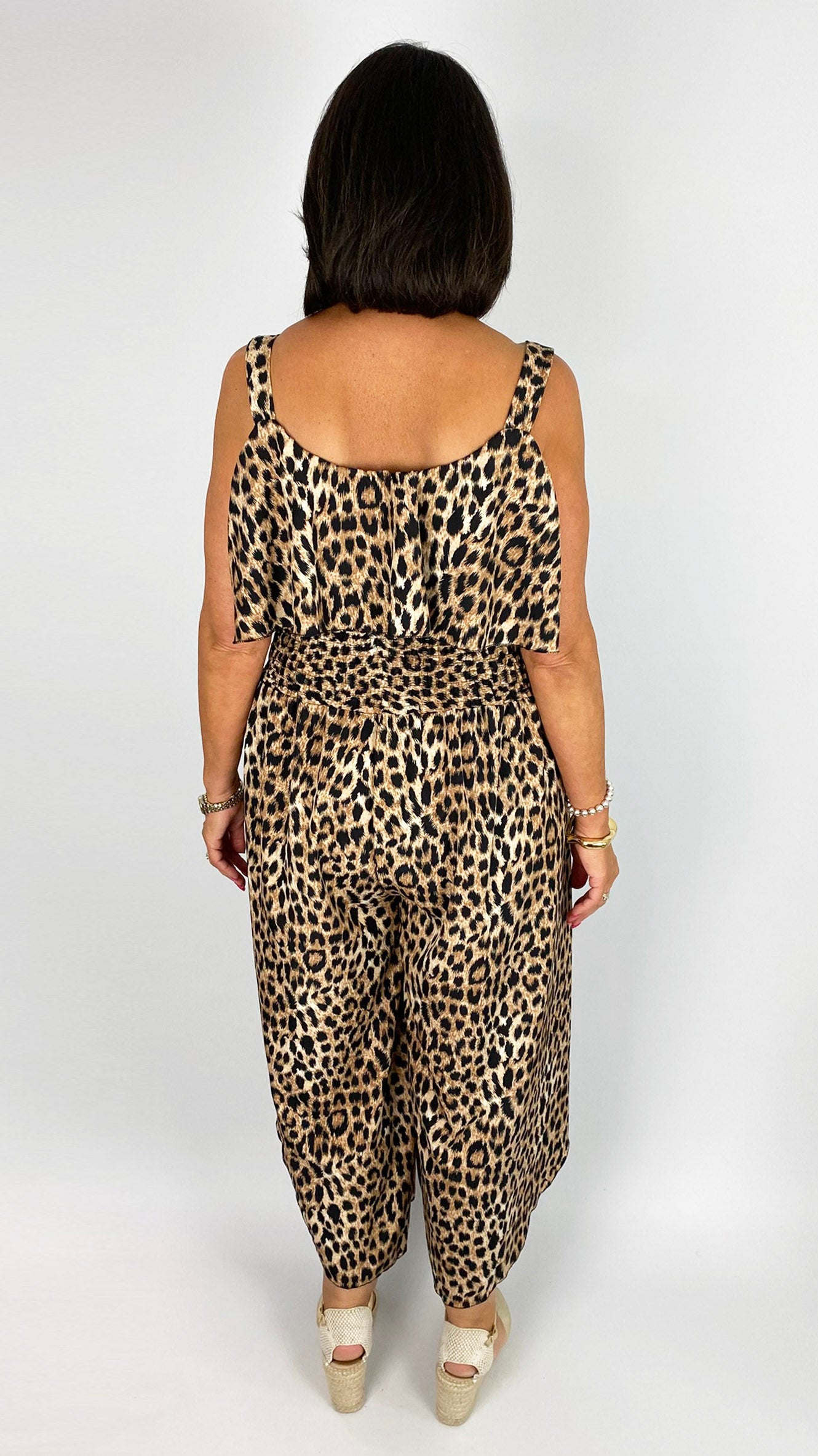 Animal print crepe frill front tulip-leg jumpsuit