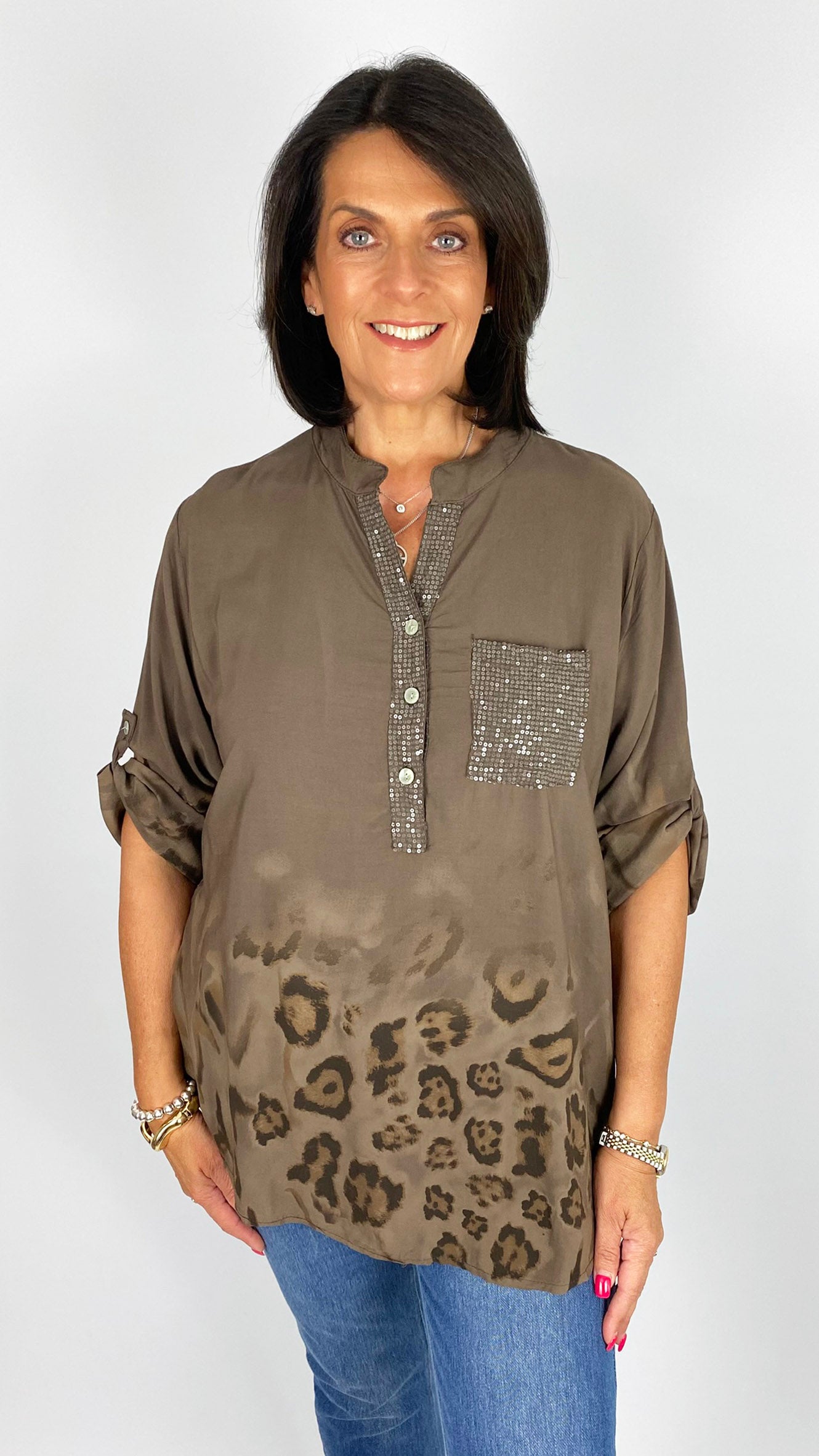 Mixed AP hem sequin patch pocket half-button blouse | 4 Colours