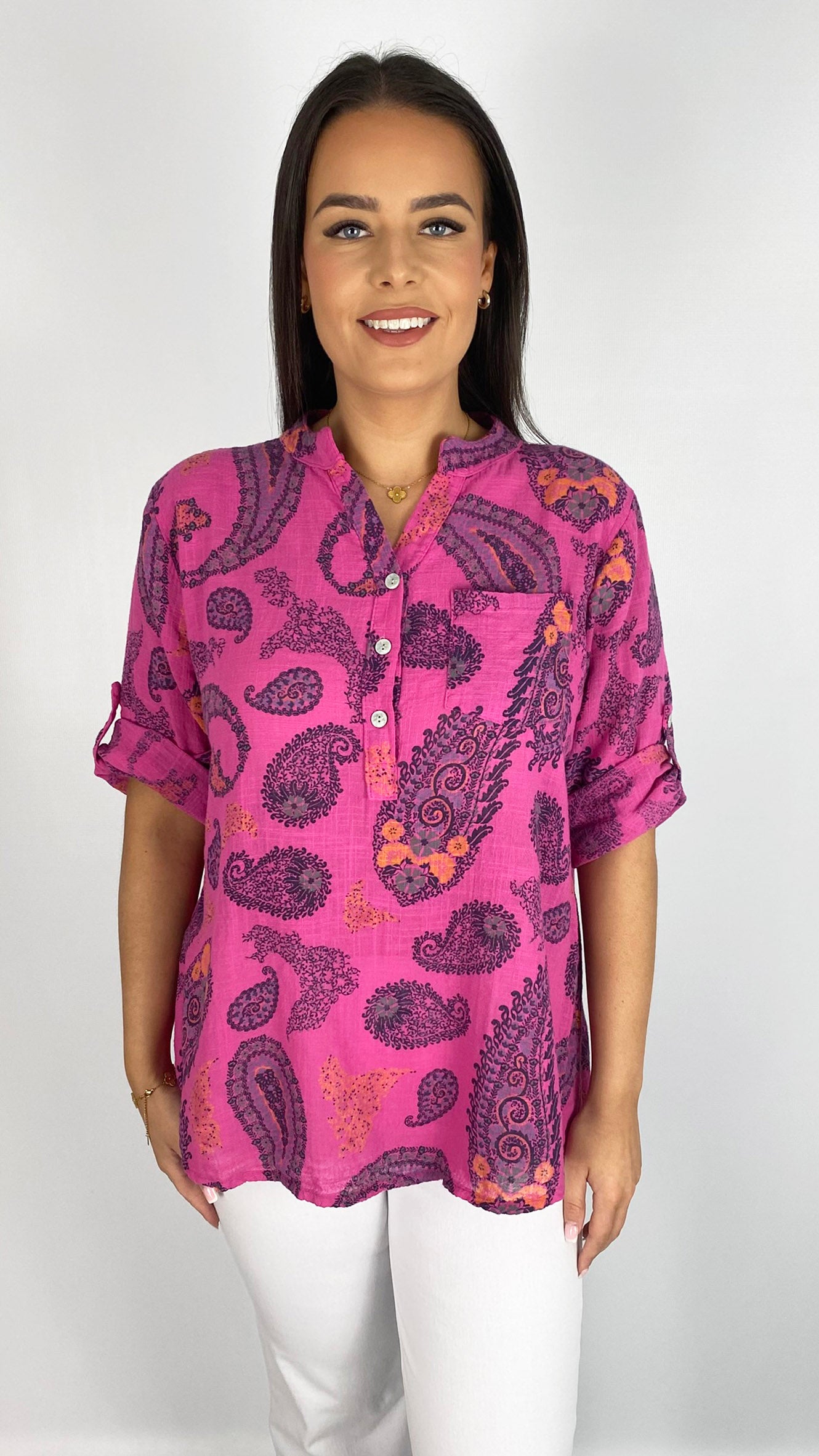 Grandad collar 3-button paisley print cotton blouse | 3 Colours