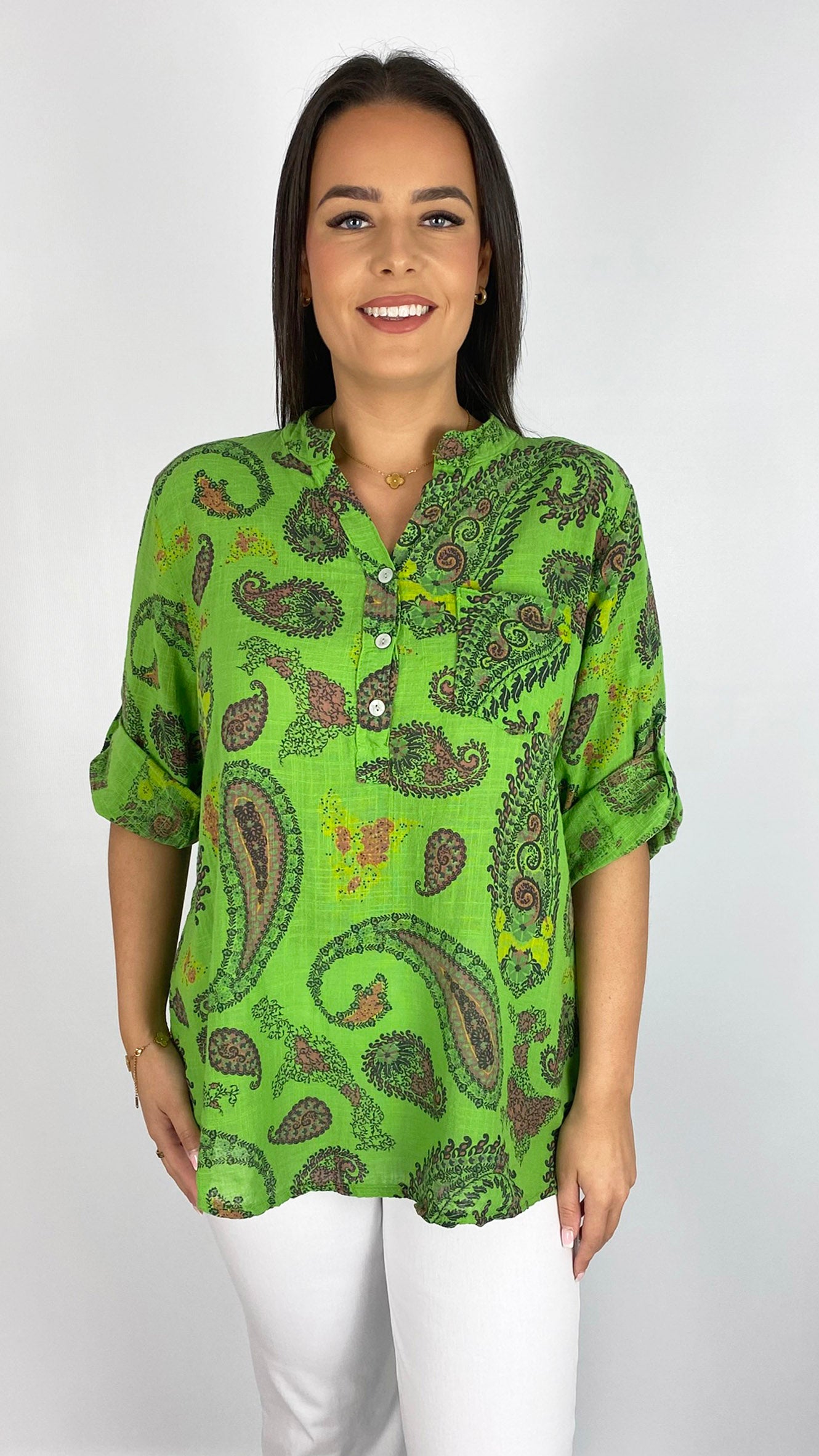 Grandad collar 3-button paisley print cotton blouse | 3 Colours