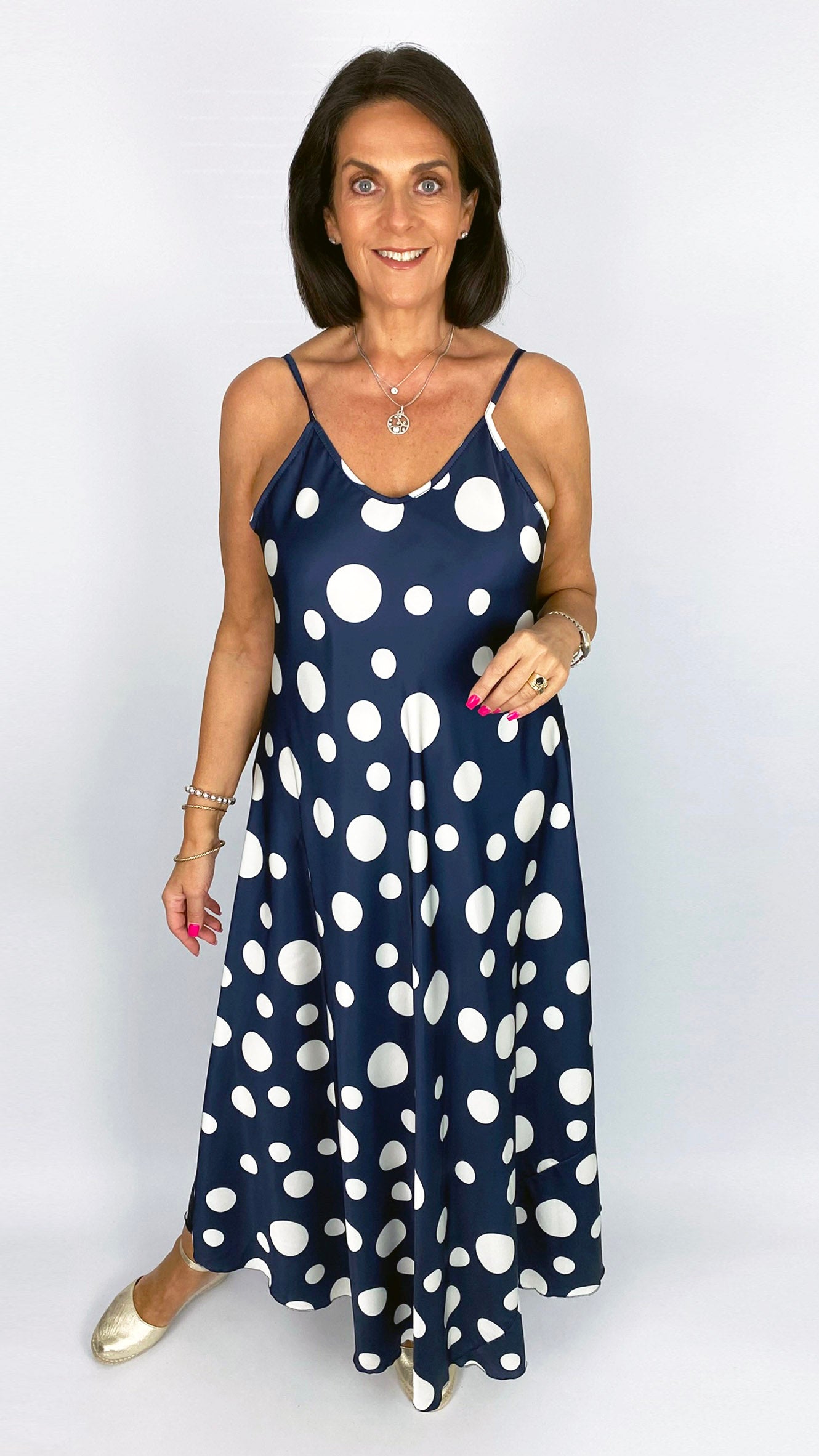 Polka dot strappy satin-feel dress | 4 Colours