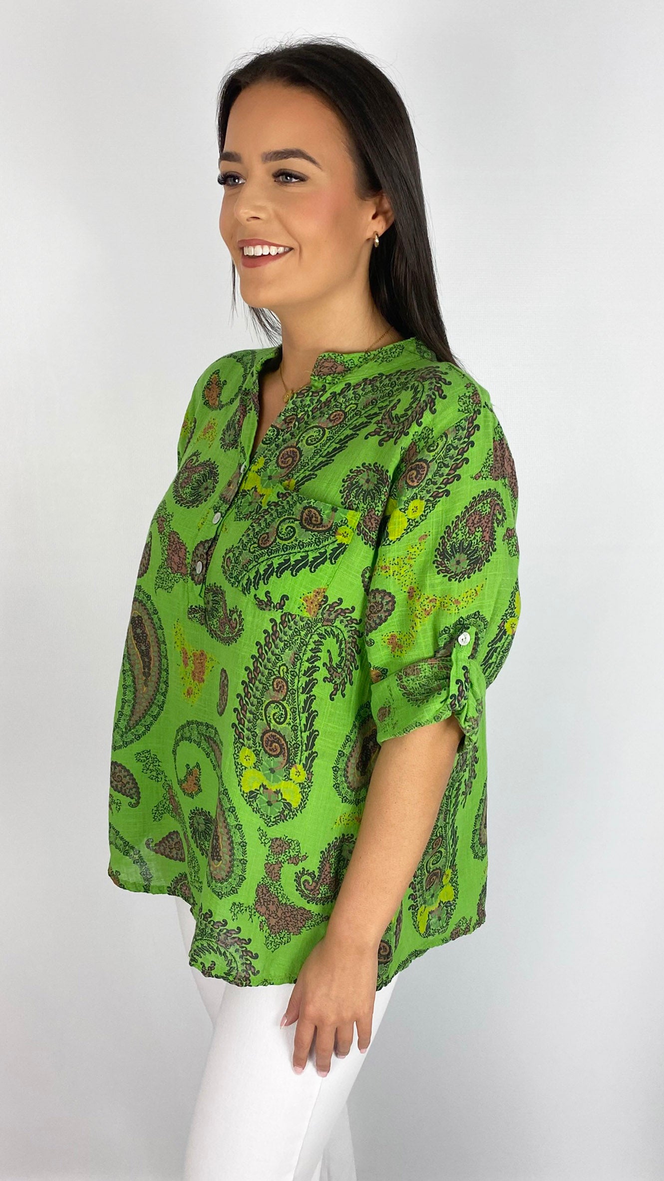 Grandad collar 3-button paisley print cotton blouse | 3 Colours