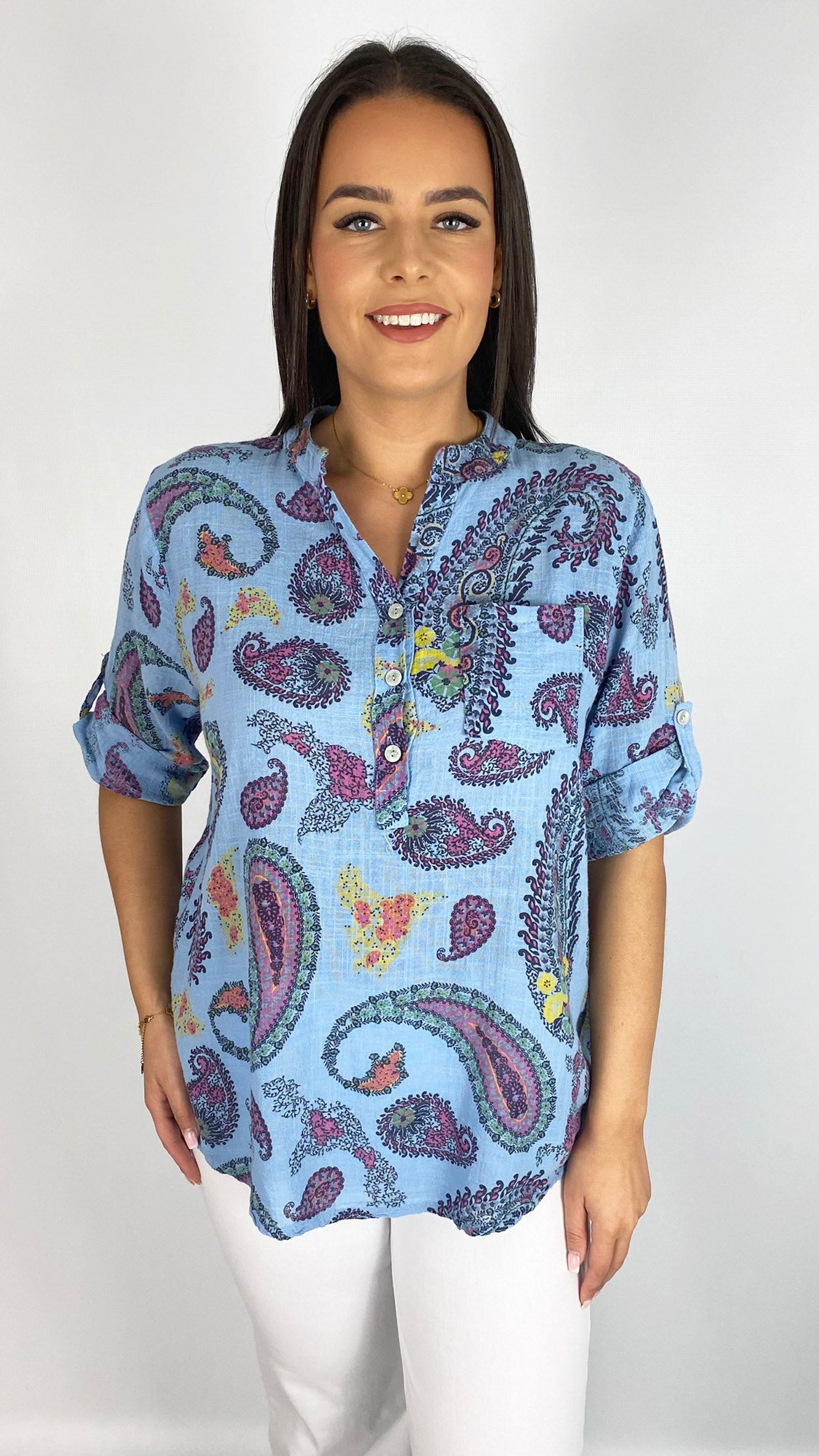 Grandad collar 3-button paisley print cotton blouse | 3 Colours