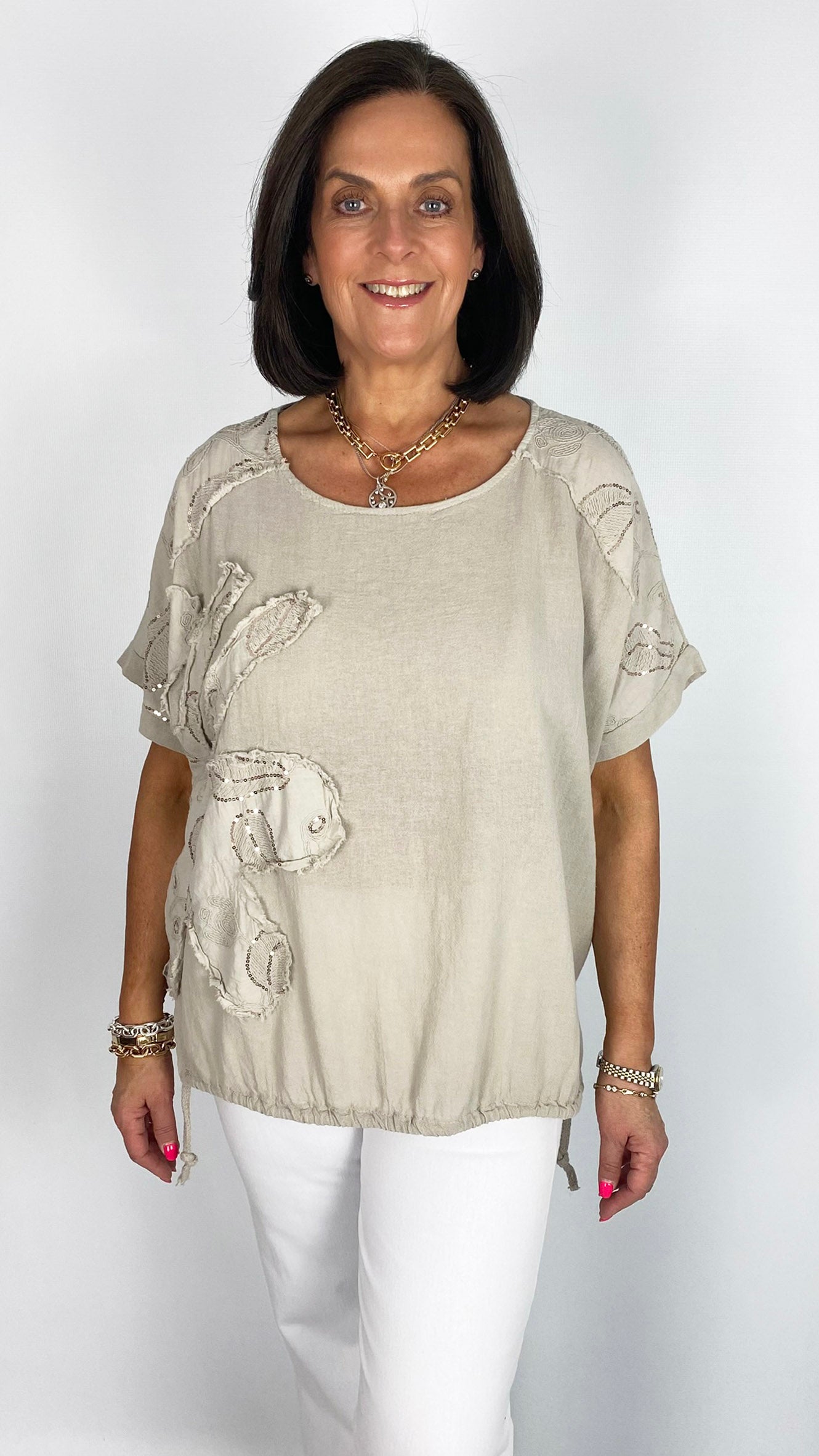 Cotton & linen sequin sunflower drawstring side top | 3 Colours