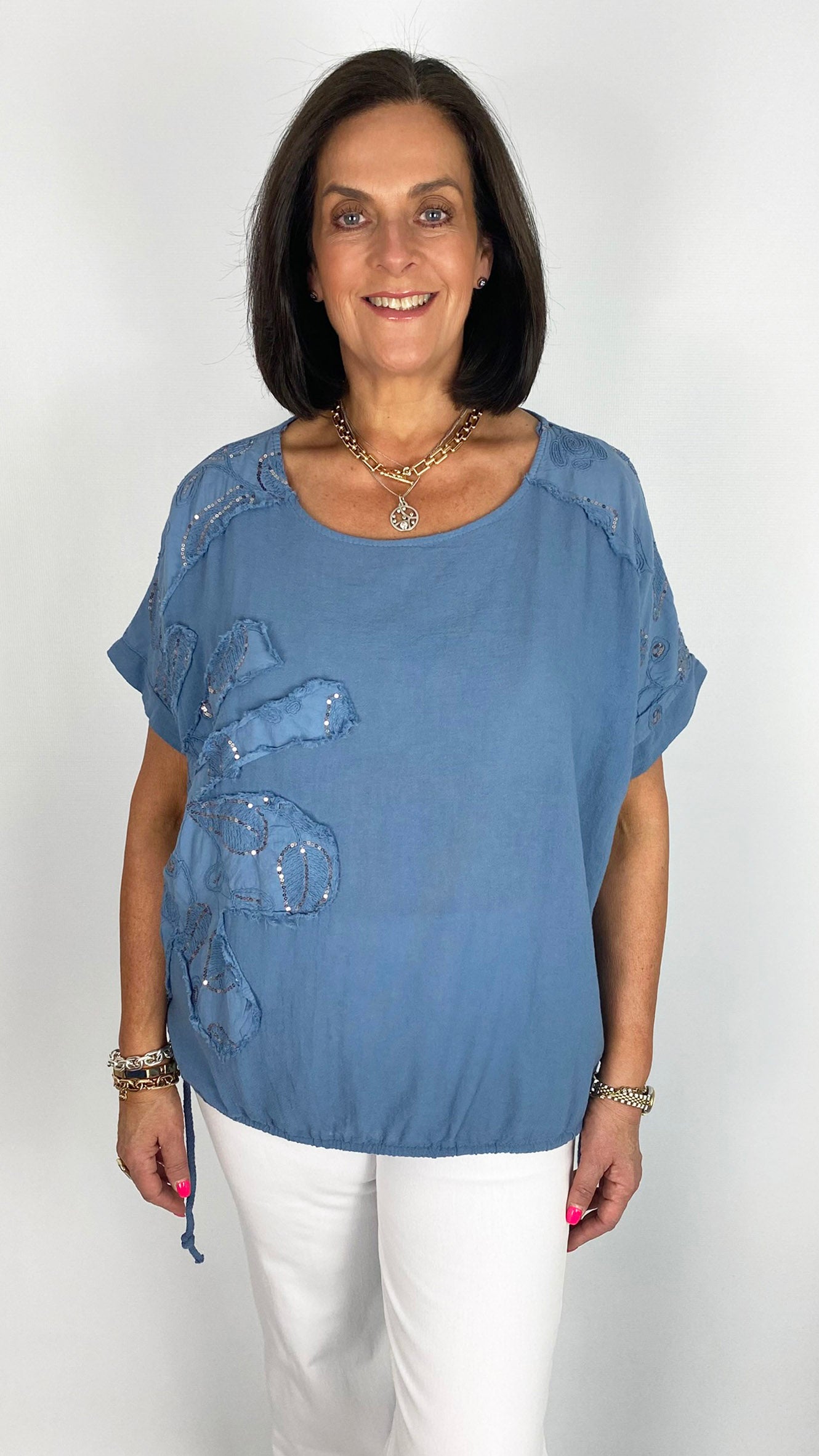Cotton & linen sequin sunflower drawstring side top | 3 Colours