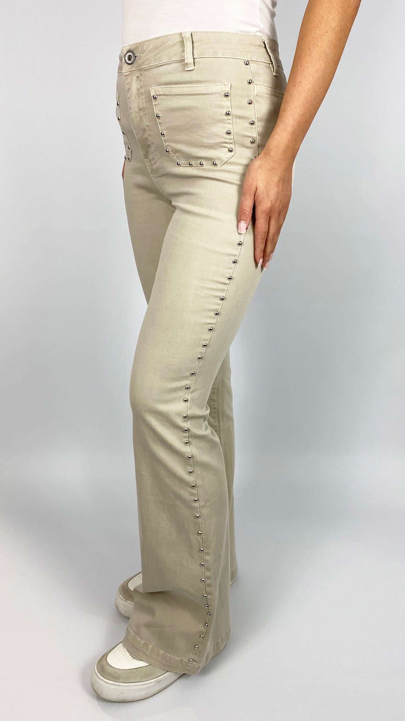 Studded feature pocket bootcut stretch denim jeans | Beige